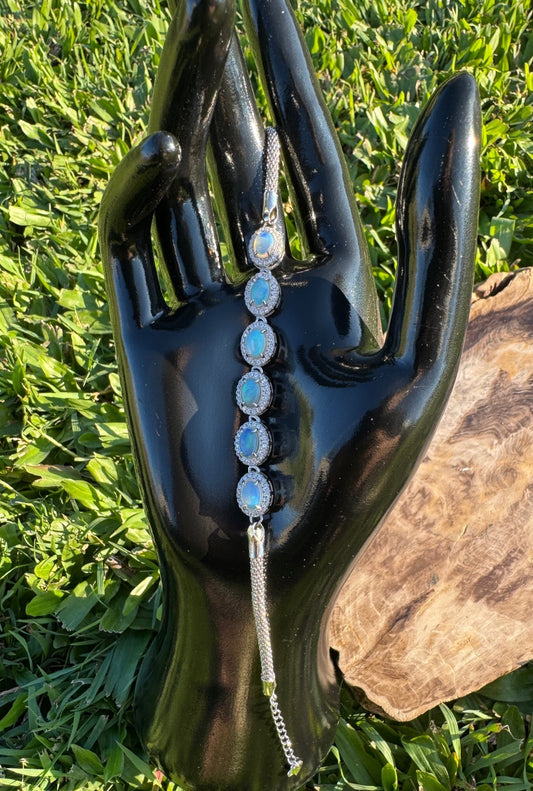 ‘Coastal Dreams' ~ Handcrafted 3ct Lightning Ridge Crystal Opal and Cubic Zirconia 925 Sterling Silver Bracelet
