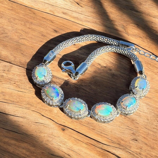 ‘Coastal Dreams' ~ Handcrafted 3ct Lightning Ridge Crystal Opal and Cubic Zirconia 925 Sterling Silver Bracelet