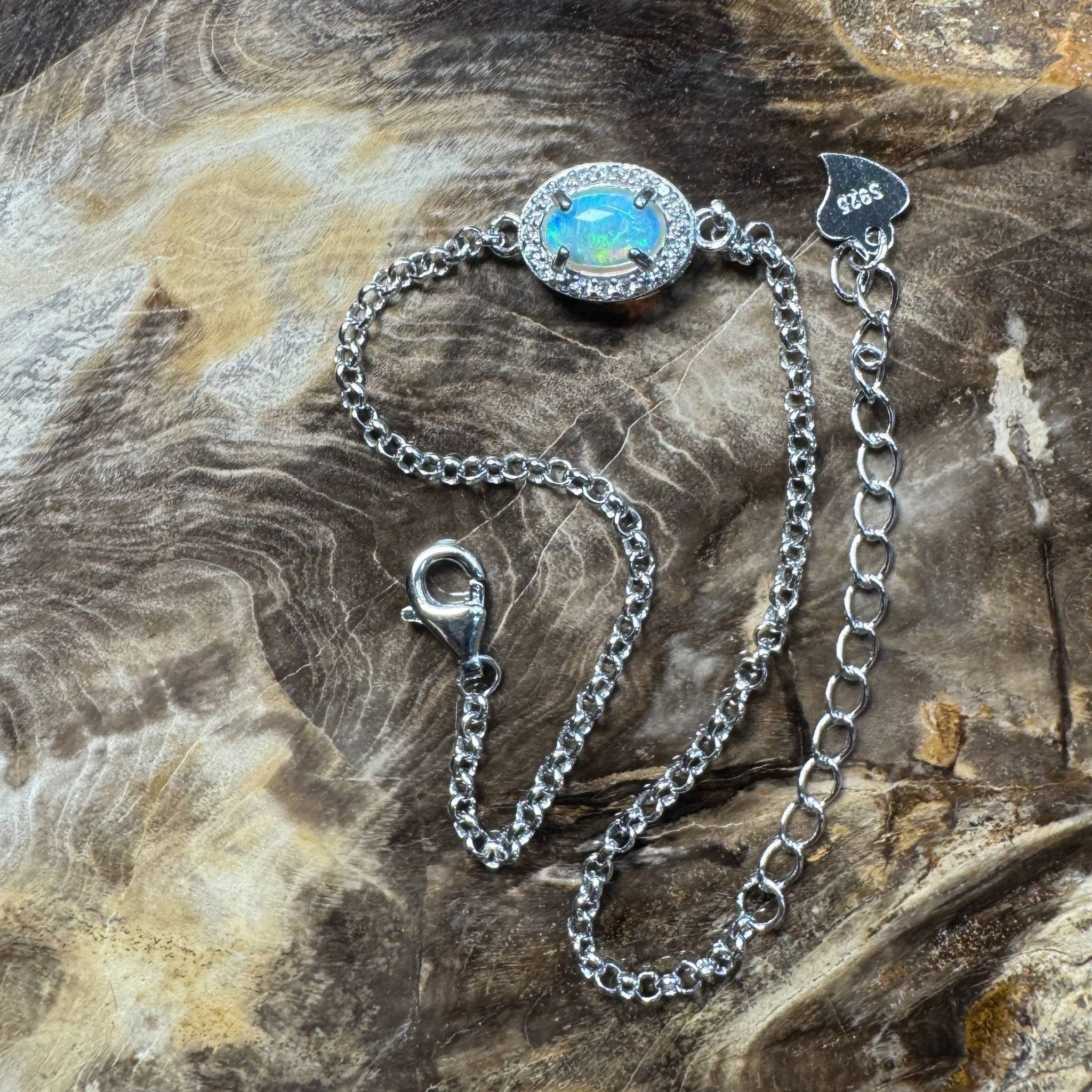 Coastal Drifting ~ 0.5ct Solid Lightning Ridge Opal and Cubic Zirconia 925 Silver Bracelet
