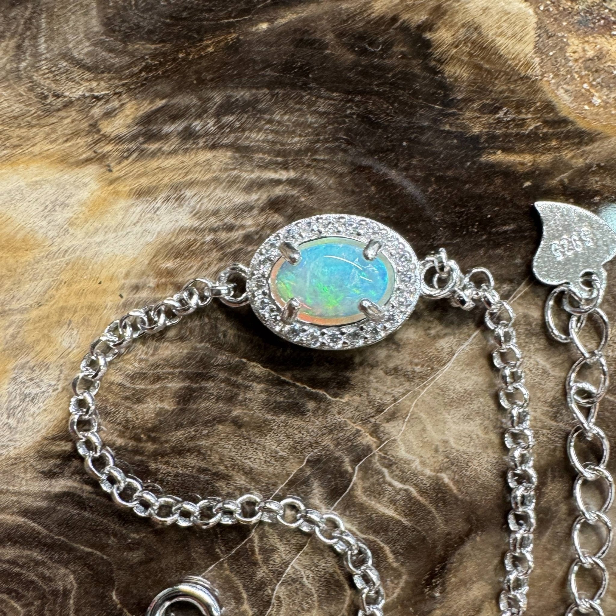 Coastal Drifting ~ 0.5ct Solid Lightning Ridge Opal and Cubic Zirconia 925 Silver Bracelet