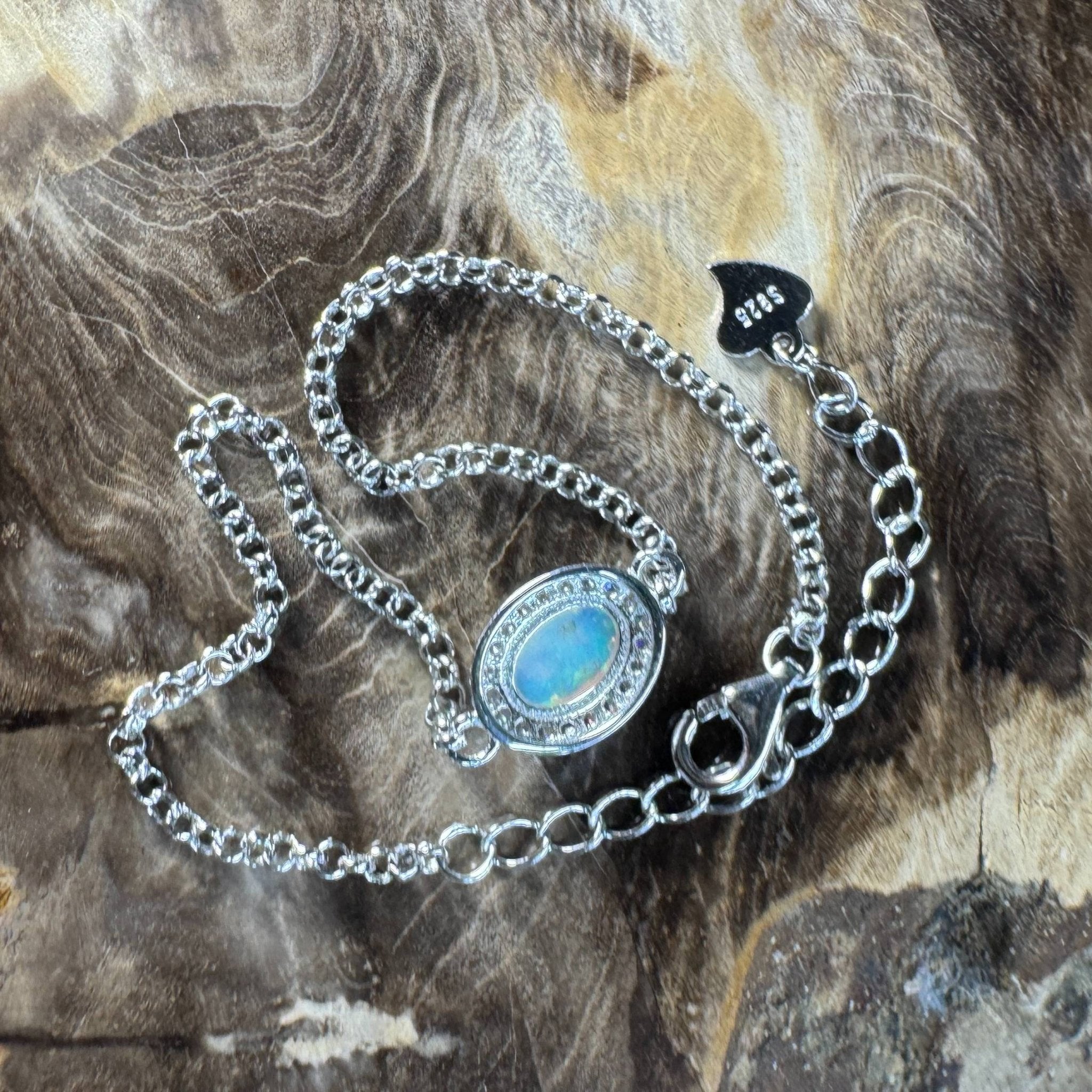 Coastal Drifting ~ 0.5ct Solid Lightning Ridge Opal and Cubic Zirconia 925 Silver Bracelet