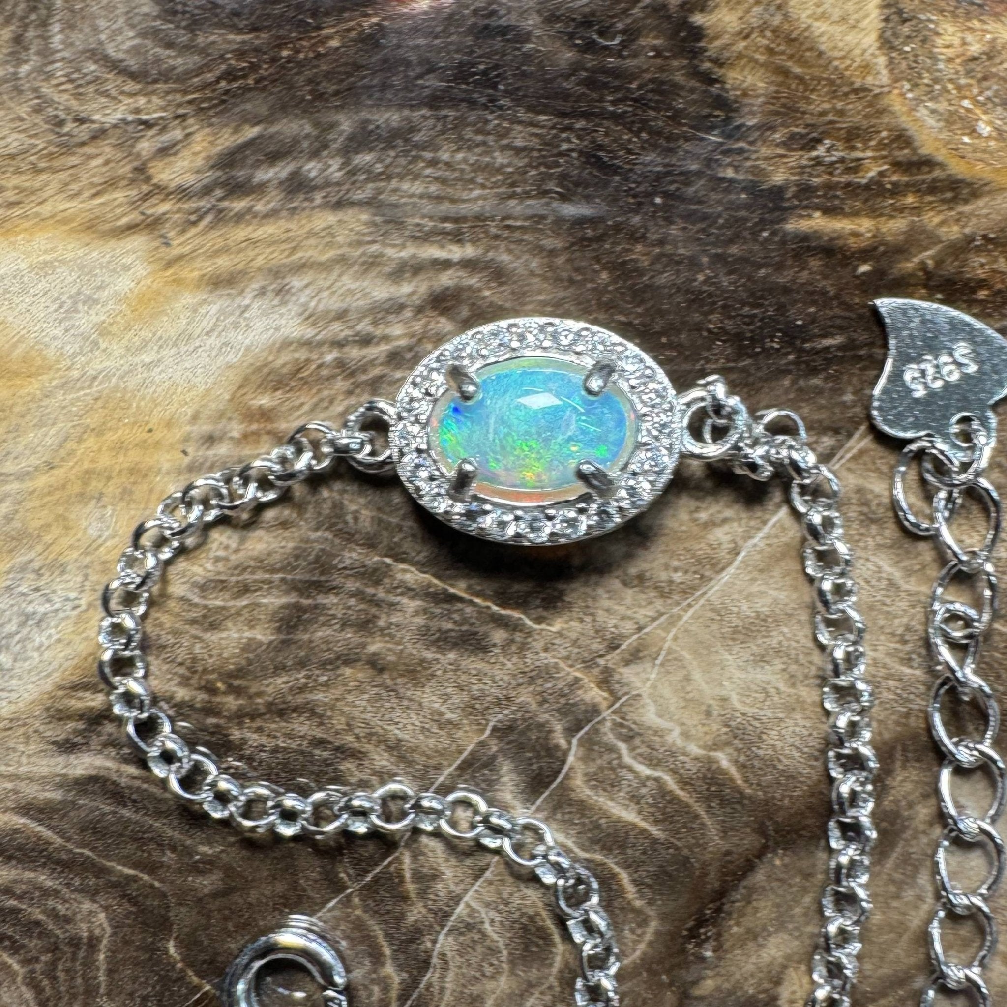 Coastal Drifting ~ 0.5ct Solid Lightning Ridge Opal and Cubic Zirconia 925 Silver Bracelet