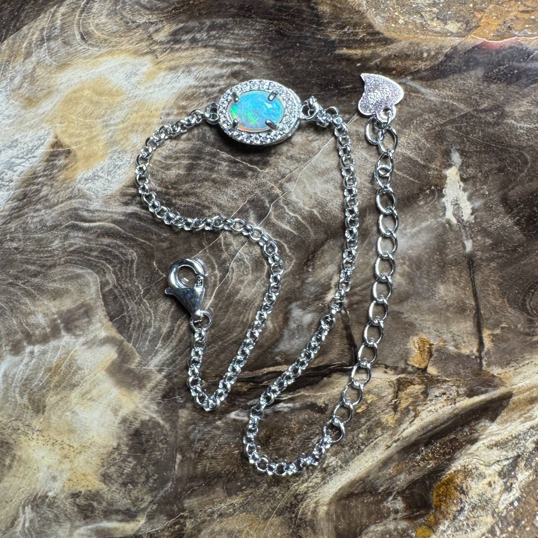 Coastal Drifting ~ 0.5ct Solid Lightning Ridge Opal and Cubic Zirconia 925 Silver Bracelet