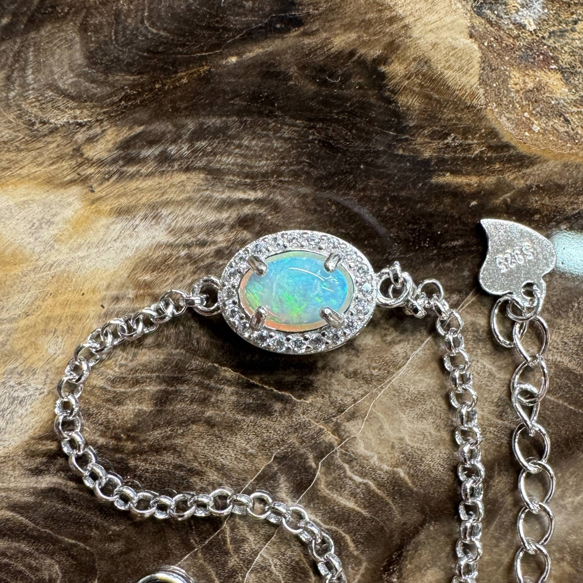 Coastal Drifting ~ 0.5ct Solid Lightning Ridge Opal and Cubic Zirconia 925 Silver Bracelet