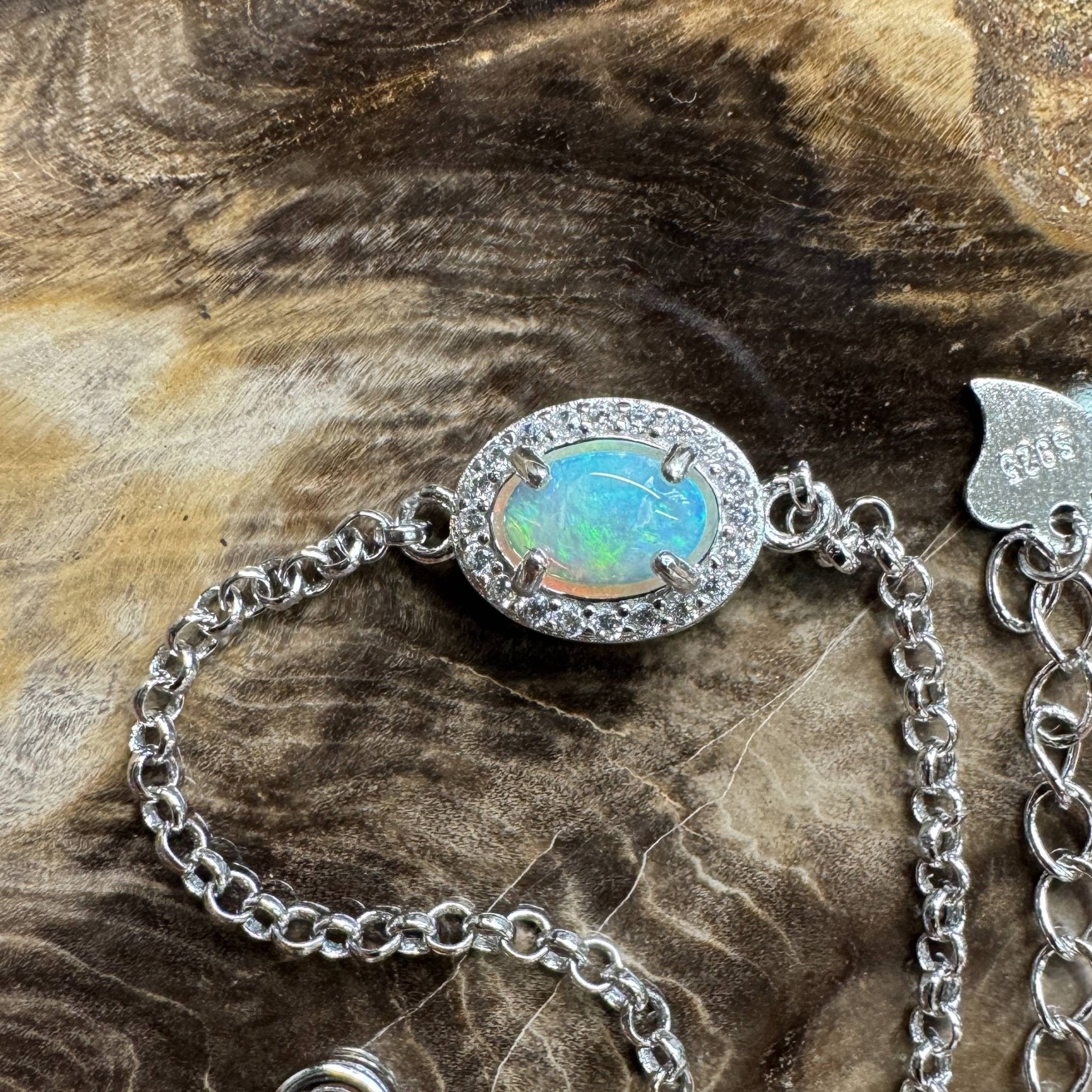 Coastal Drifting ~ 0.5ct Solid Lightning Ridge Opal and Cubic Zirconia 925 Silver Bracelet