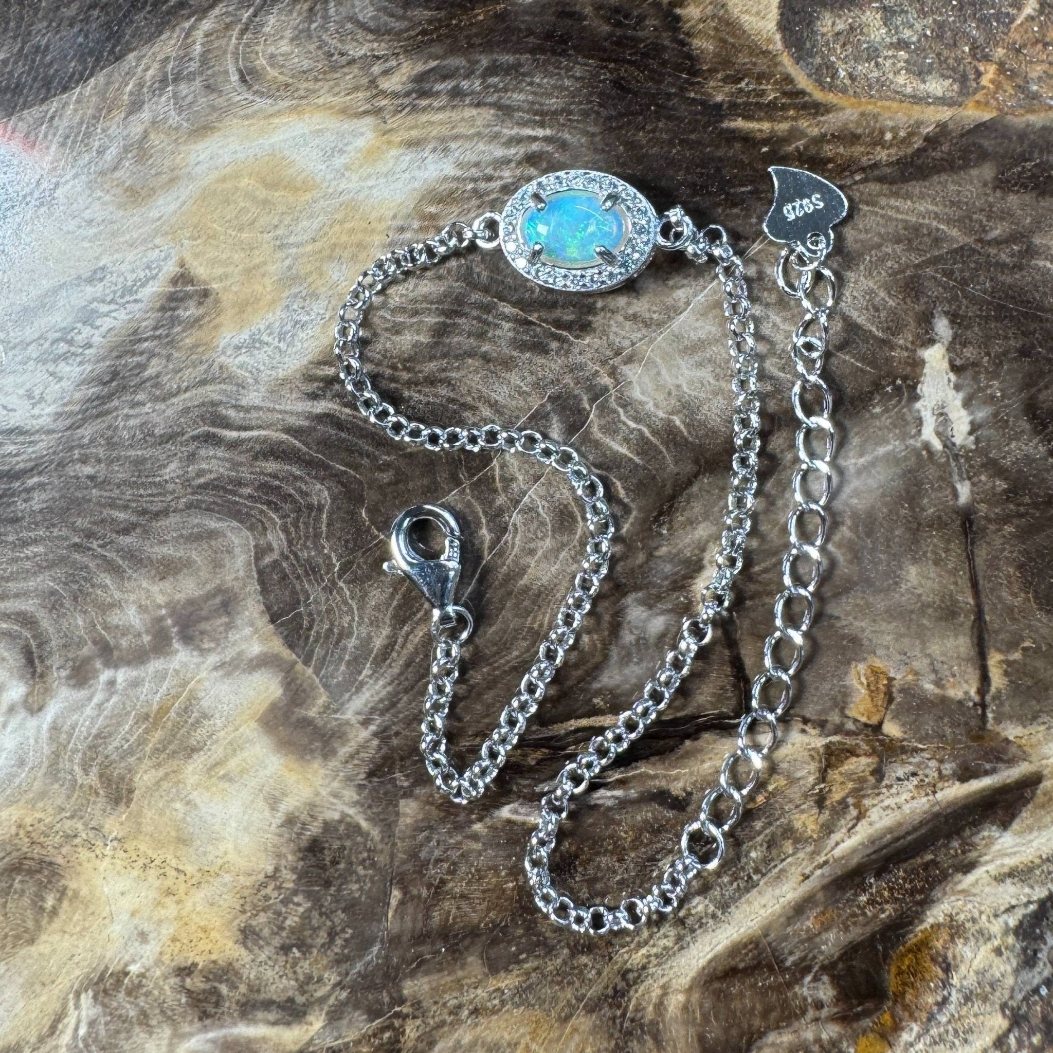 Coastal Drifting ~ 0.5ct Solid Lightning Ridge Opal and Cubic Zirconia 925 Silver Bracelet