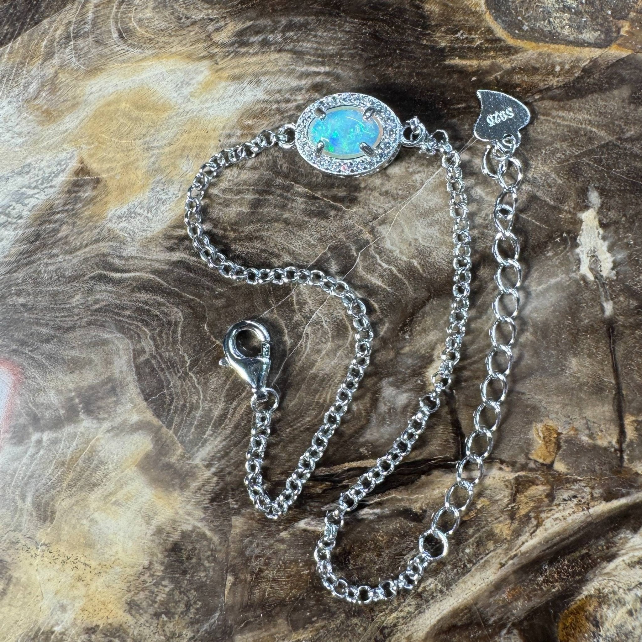 Coastal Drifting ~ 0.5ct Solid Lightning Ridge Opal and Cubic Zirconia 925 Silver Bracelet