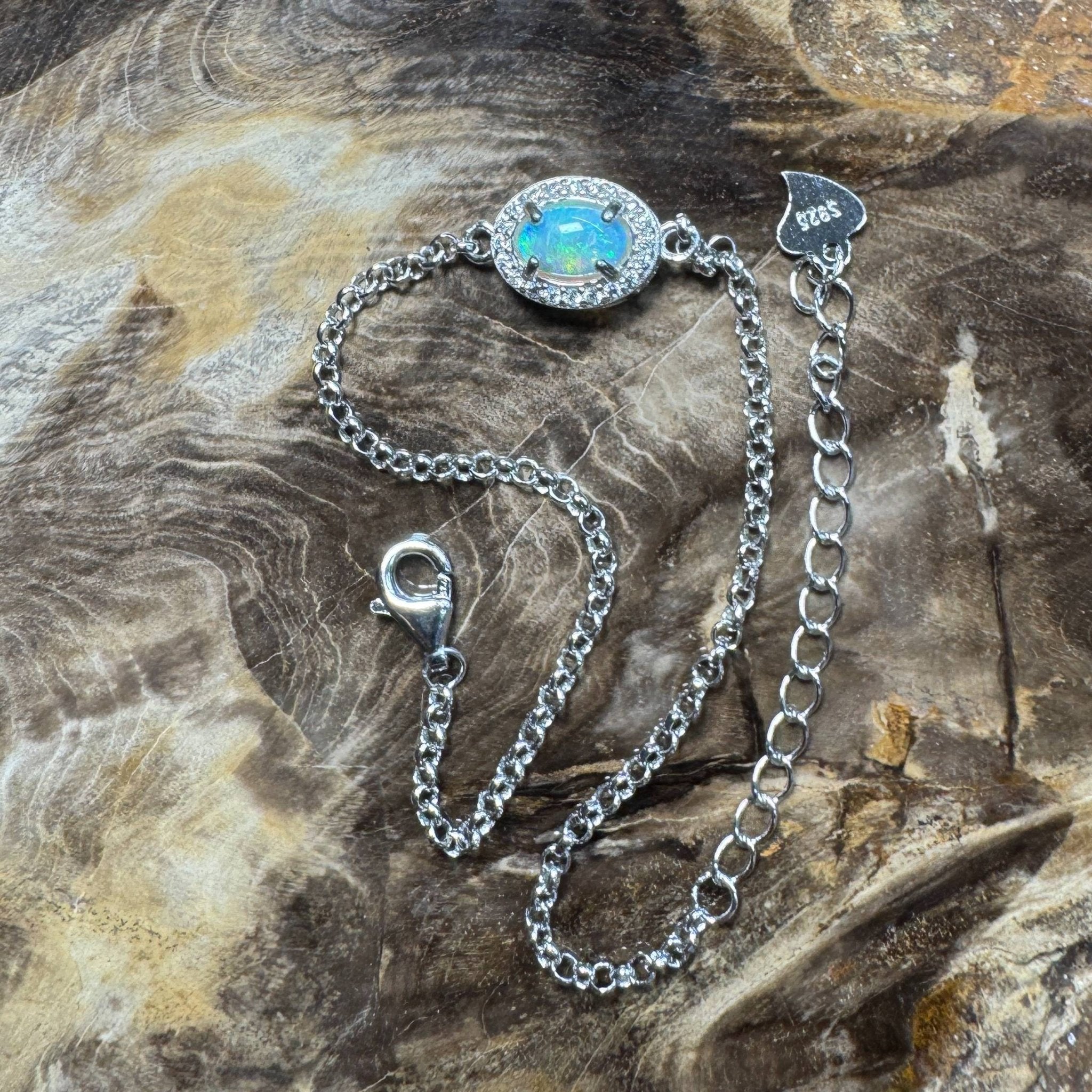 Coastal Drifting ~ 0.5ct Solid Lightning Ridge Opal and Cubic Zirconia 925 Silver Bracelet