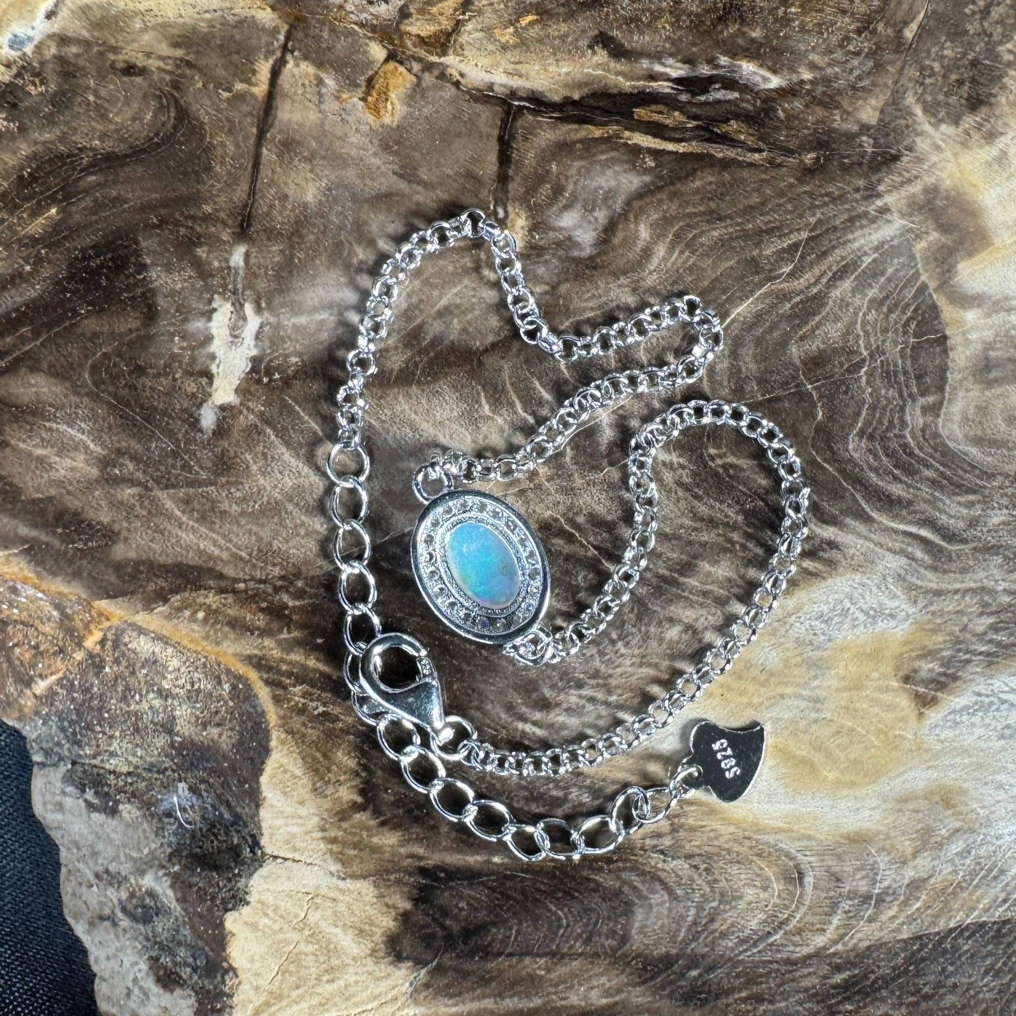 Coastal Drifting ~ 0.5ct Solid Lightning Ridge Opal and Cubic Zirconia 925 Silver Bracelet