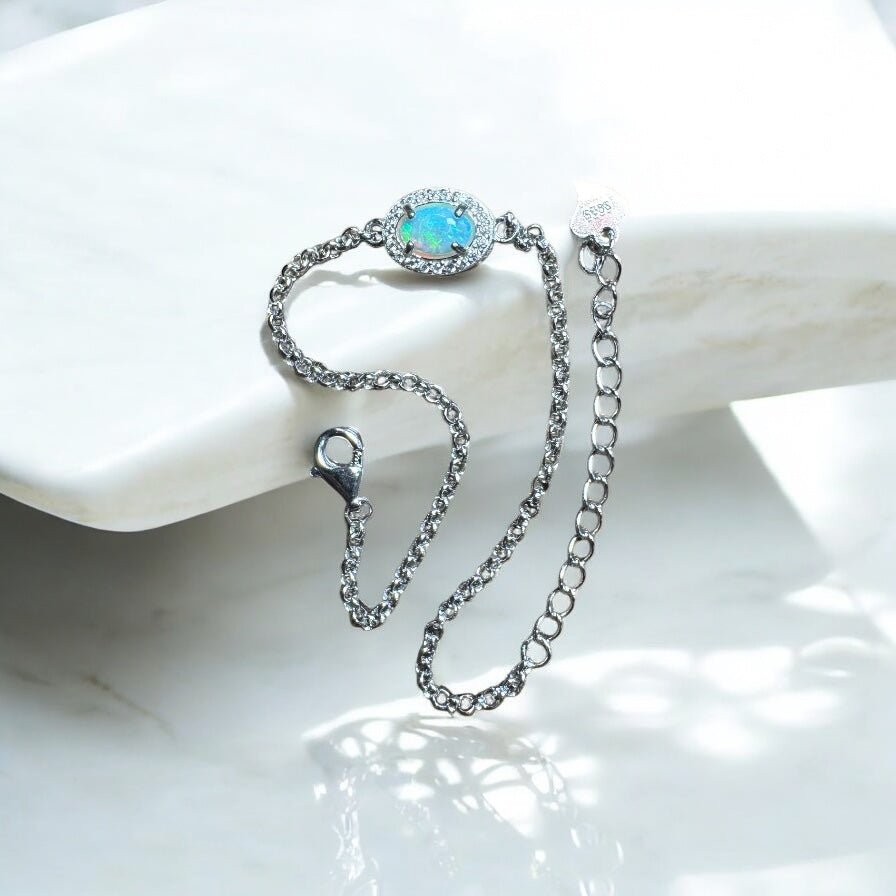 Coastal Drifting ~ 0.5ct Solid Lightning Ridge Opal and Cubic Zirconia 925 Silver Bracelet