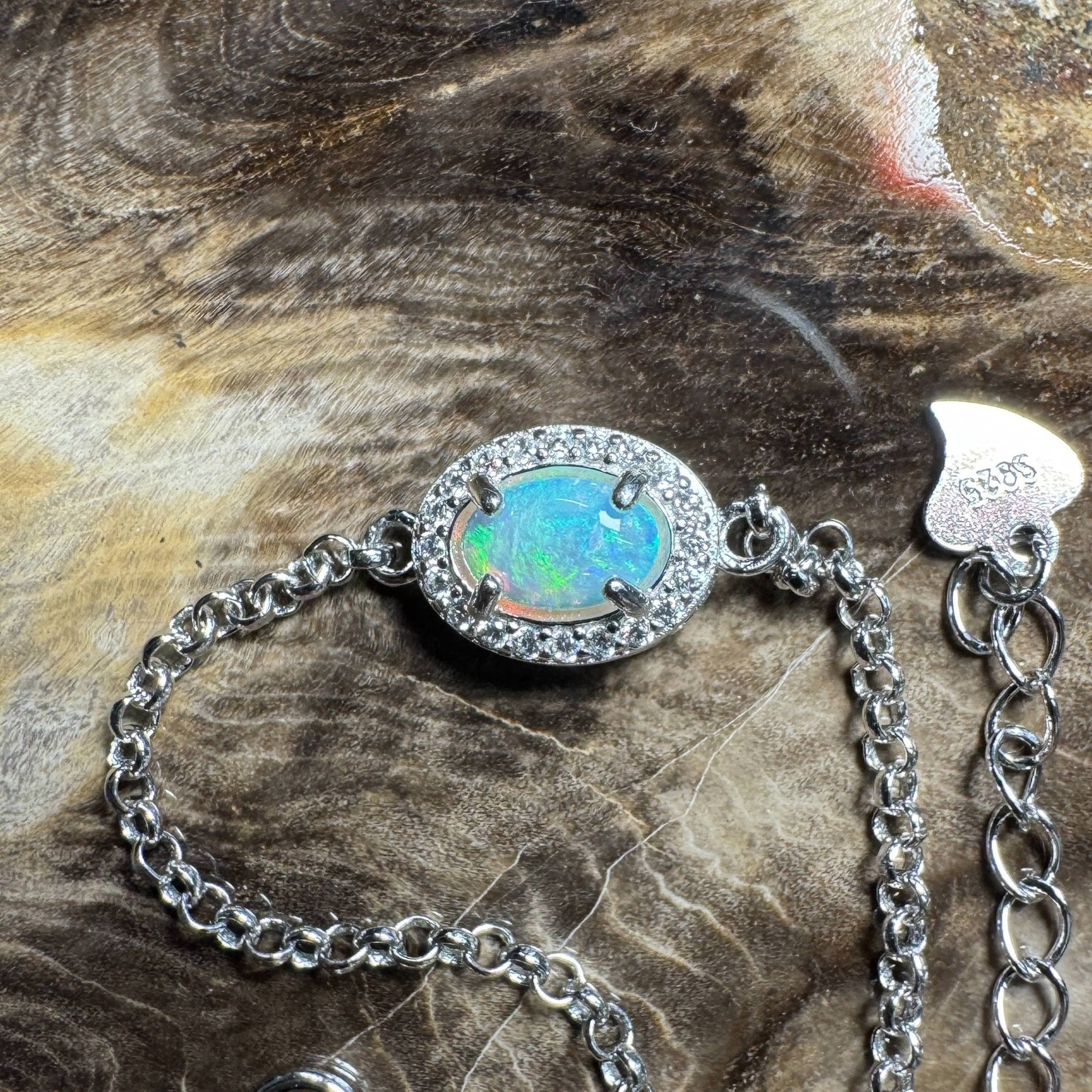 Coastal Drifting ~ 0.5ct Solid Lightning Ridge Opal and Cubic Zirconia 925 Silver Bracelet