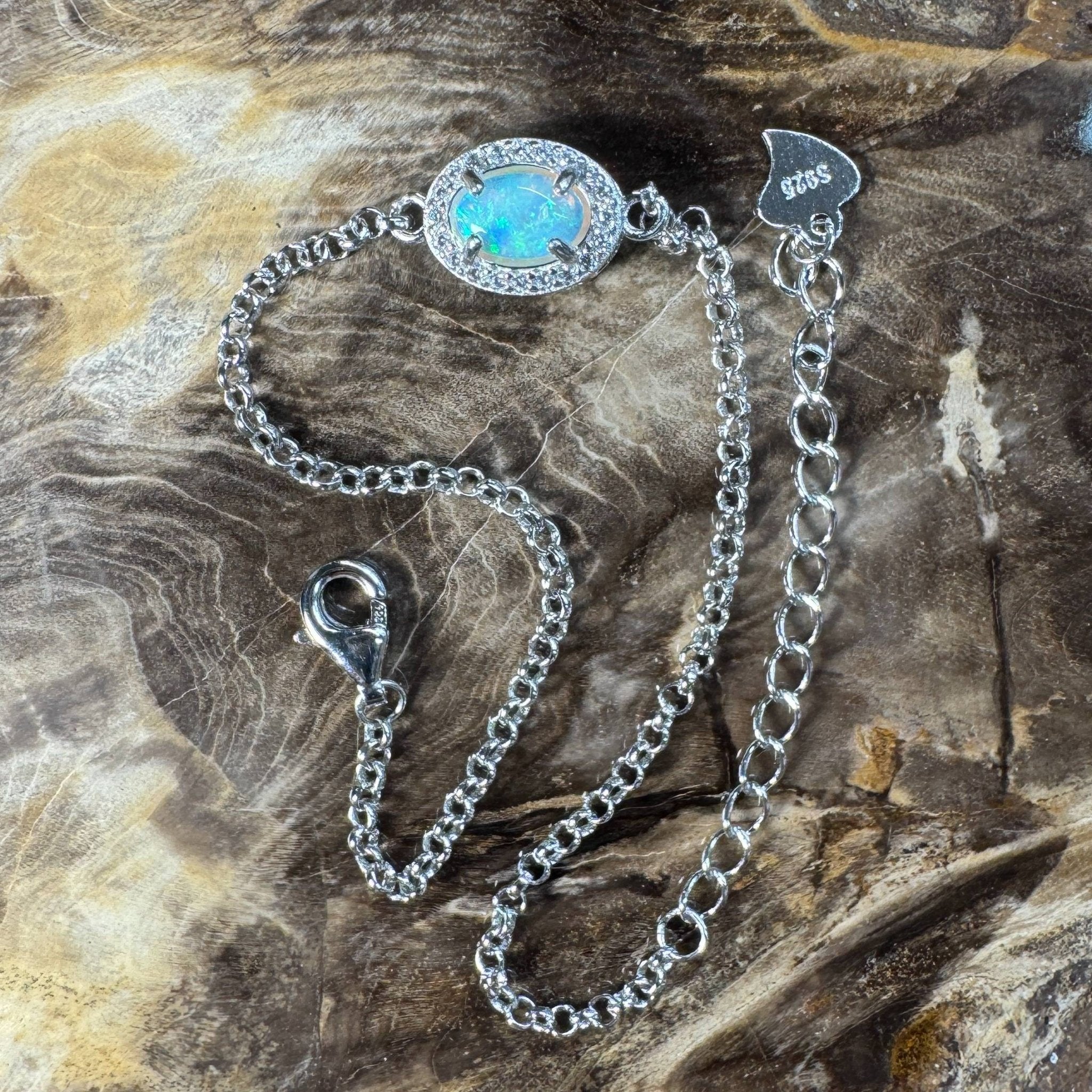 Coastal Drifting ~ 0.5ct Solid Lightning Ridge Opal and Cubic Zirconia 925 Silver Bracelet