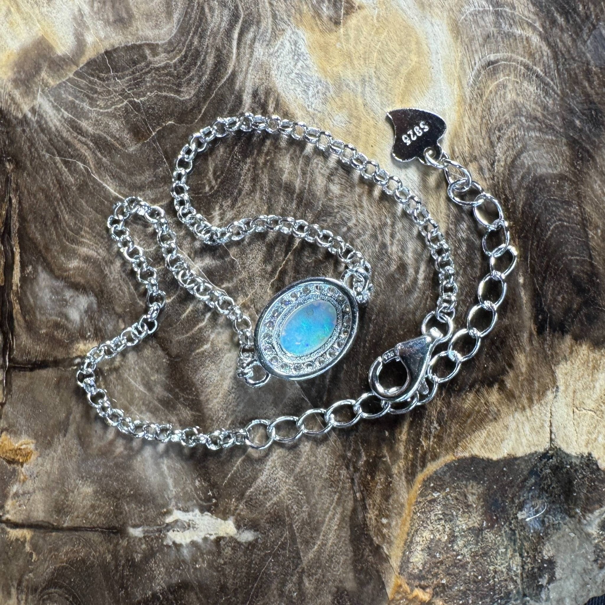 Coastal Drifting ~ 0.5ct Solid Lightning Ridge Opal and Cubic Zirconia 925 Silver Bracelet