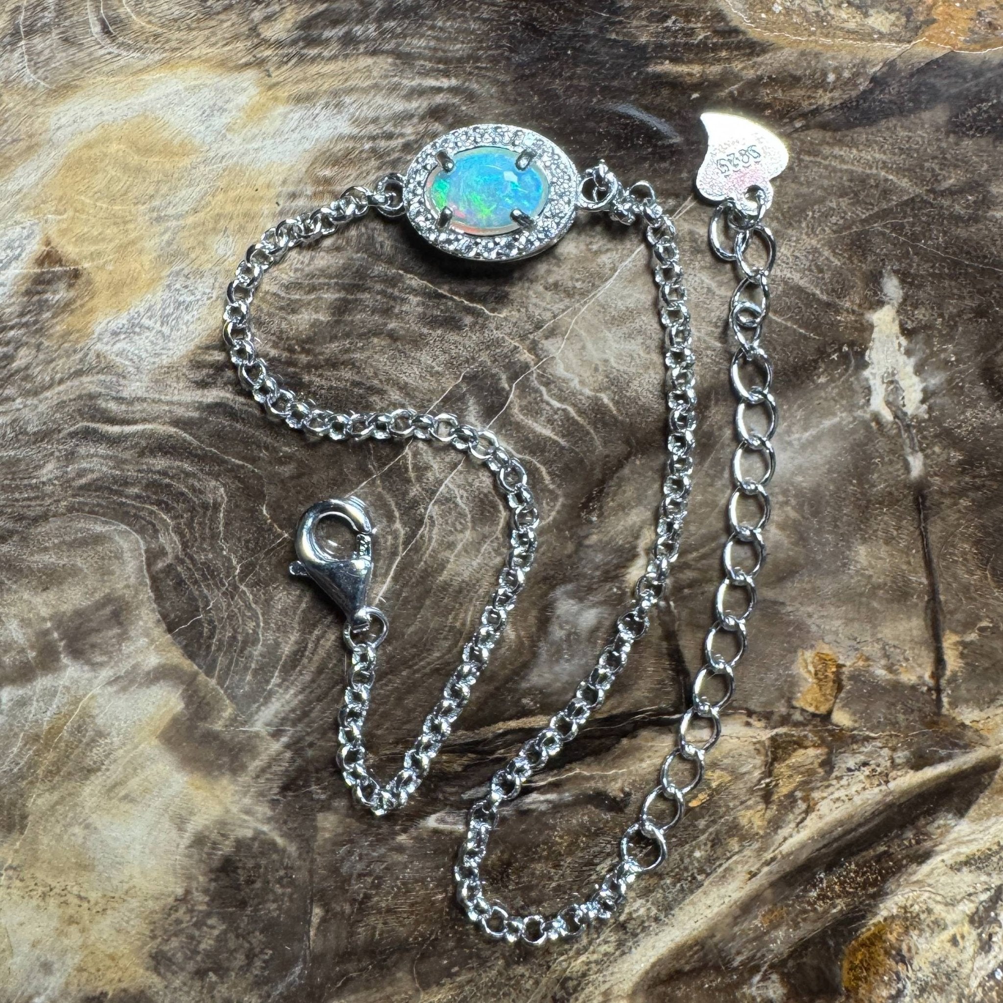 Coastal Drifting ~ 0.5ct Solid Lightning Ridge Opal and Cubic Zirconia 925 Silver Bracelet