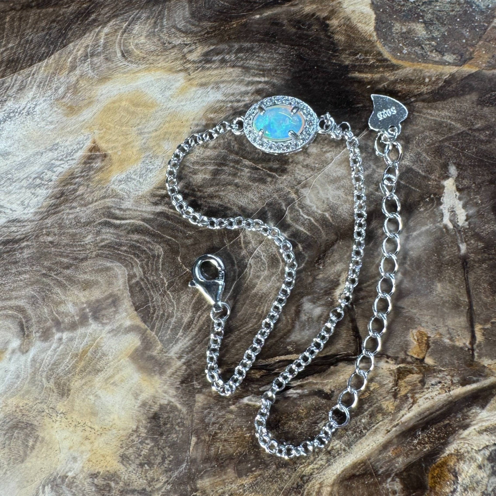 Coastal Drifting ~ 0.5ct Solid Lightning Ridge Opal and Cubic Zirconia 925 Silver Bracelet