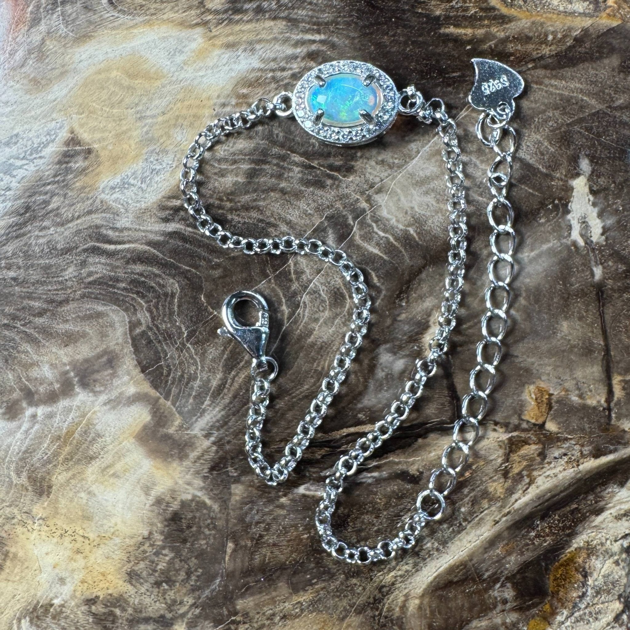 Coastal Drifting ~ 0.5ct Solid Lightning Ridge Opal and Cubic Zirconia 925 Silver Bracelet
