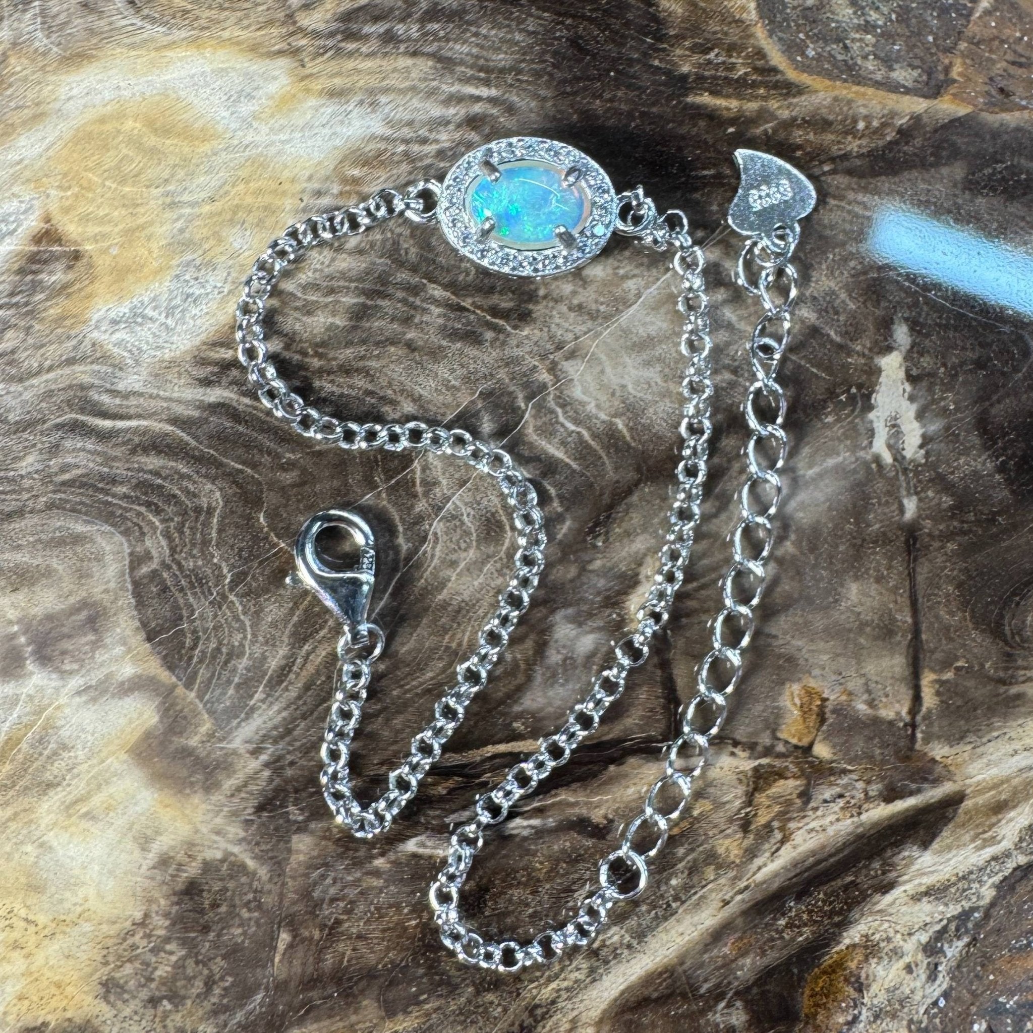 Coastal Drifting ~ 0.5ct Solid Lightning Ridge Opal and Cubic Zirconia 925 Silver Bracelet