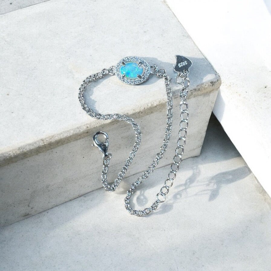 Coastal Drifting ~ 0.5ct Solid Lightning Ridge Opal and Cubic Zirconia 925 Silver Bracelet