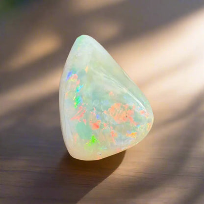 Iridescent Coober Pedy Opal gemstone weighing 3.3 carats, hand-cut and solid