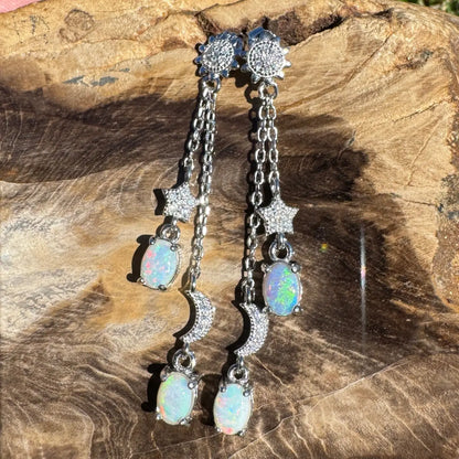 Silver opal star and moon earrings from Coober Ridge Echos with Coober Pedy and Lightning Ridge opals