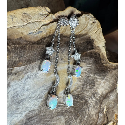 Dangling Coober Pedy and Lightning Ridge opal earrings with cubic zirconia accents