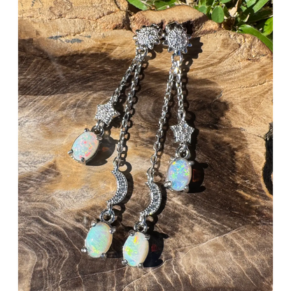 Silver opal dangle earrings featuring Coober Pedy, Lightning Ridge opals, and cubic zirconia