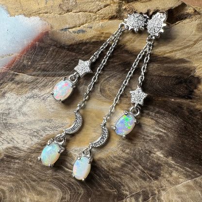 Silver opal celestial earrings from Coober Ridge Echos featuring Coober Pedy and Lightning Ridge opals