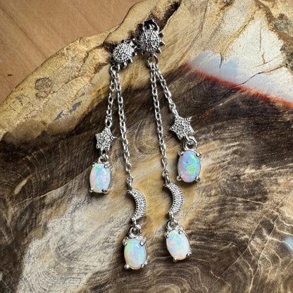 Silver opal celestial earrings featuring handcrafted Coober Pedy and Lightning Ridge opals