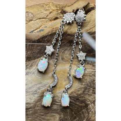 Dangling Coober Pedy and Lightning Ridge opal silver earrings with cubic zirconia