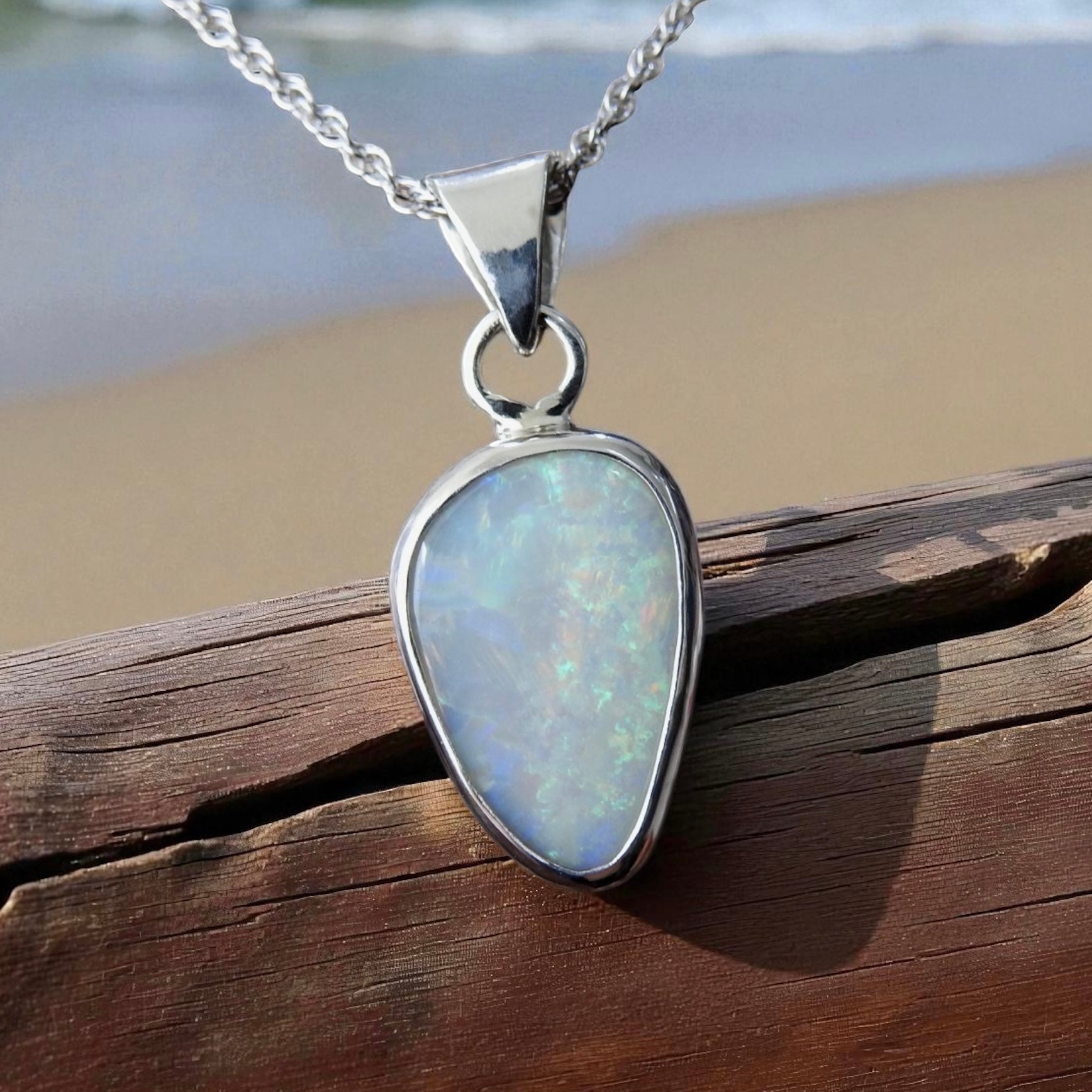 Coolum Breeze – 4.9ct Solid Lightning Ridge Opal 925 Sterling Silver Pendant Necklace