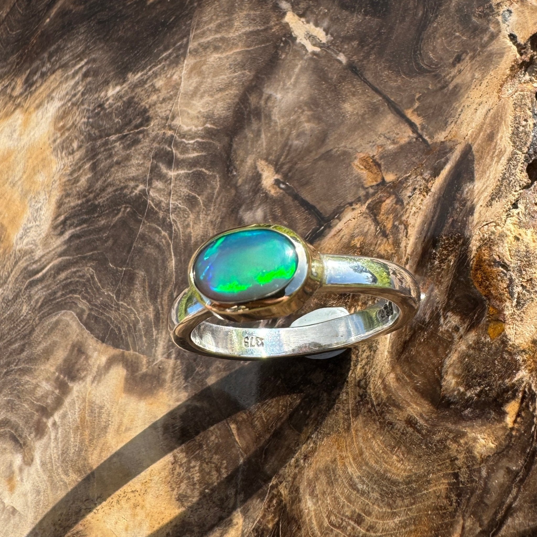 Coral Bay Glow - 1.7ct Solid Lightning Ridge Black Opal Two - Tone 9ct Gold & 925 Sterling Silver Ring
