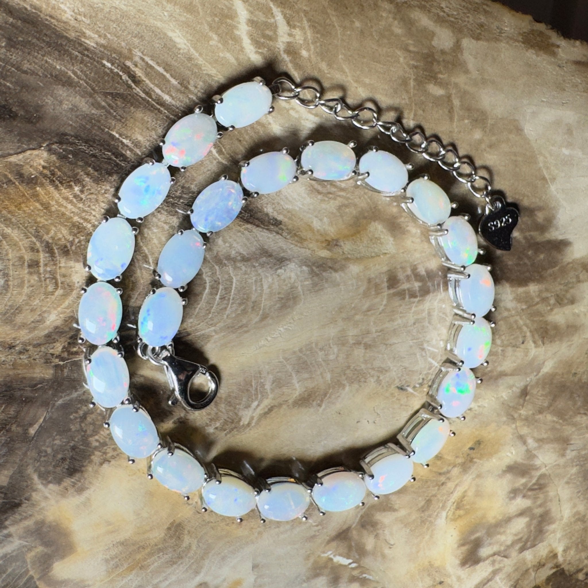 Coral Bay Shimmer ~ 7.2ct Coober Pedy Opal and Cubic Zirconia 925 Sterling Silver Bracelet