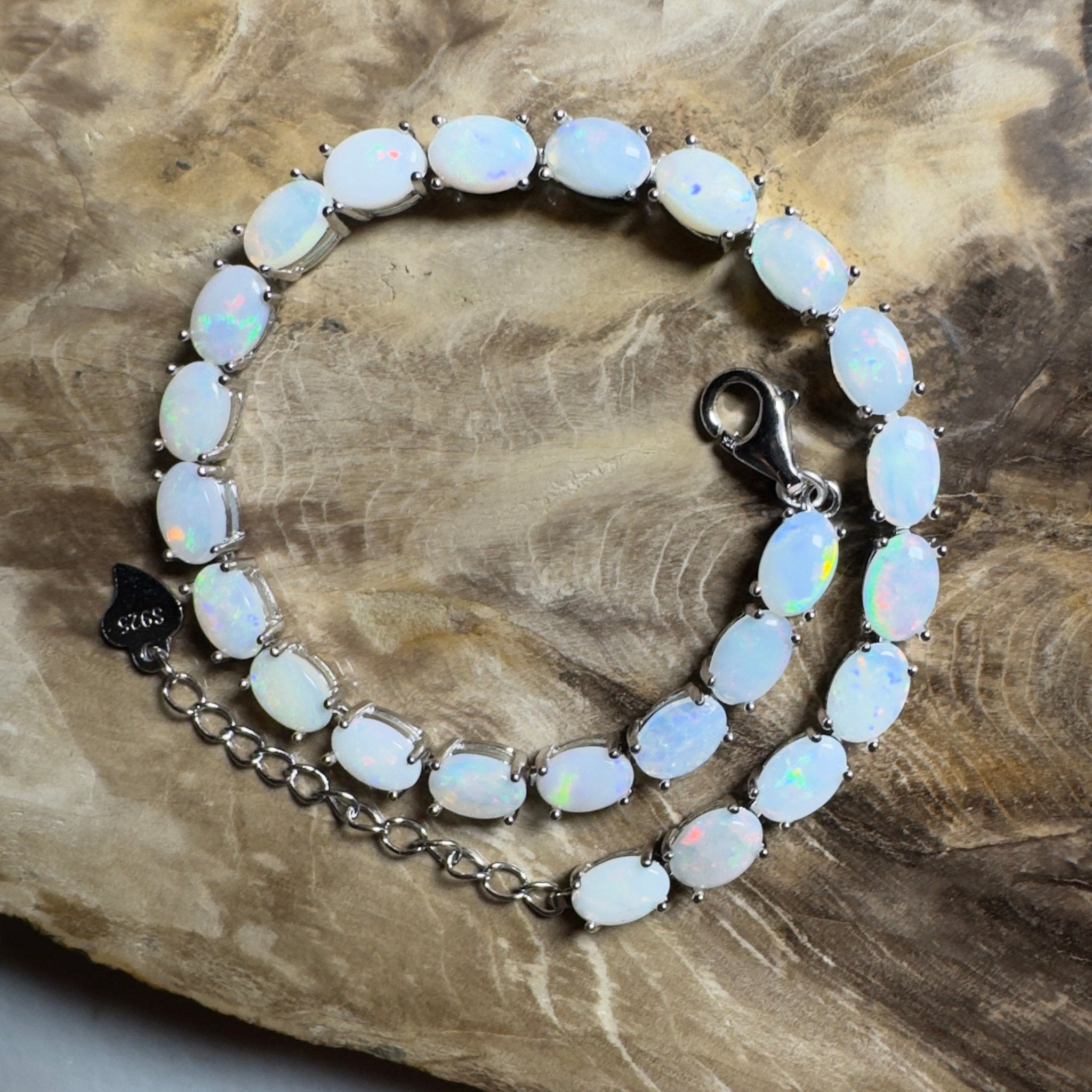 Coral Bay Shimmer ~ 7.2ct Coober Pedy Opal and Cubic Zirconia 925 Sterling Silver Bracelet