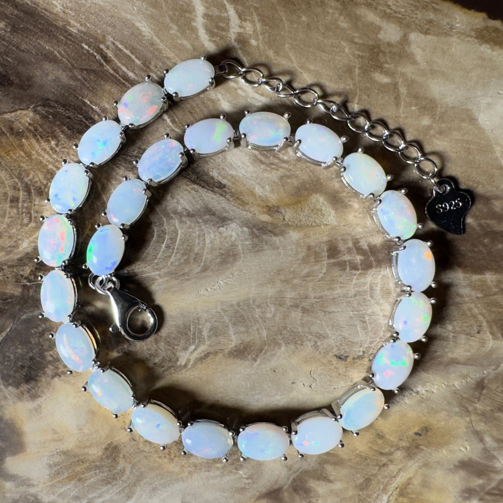 Coral Bay Shimmer ~ 7.2ct Coober Pedy Opal and Cubic Zirconia 925 Sterling Silver Bracelet