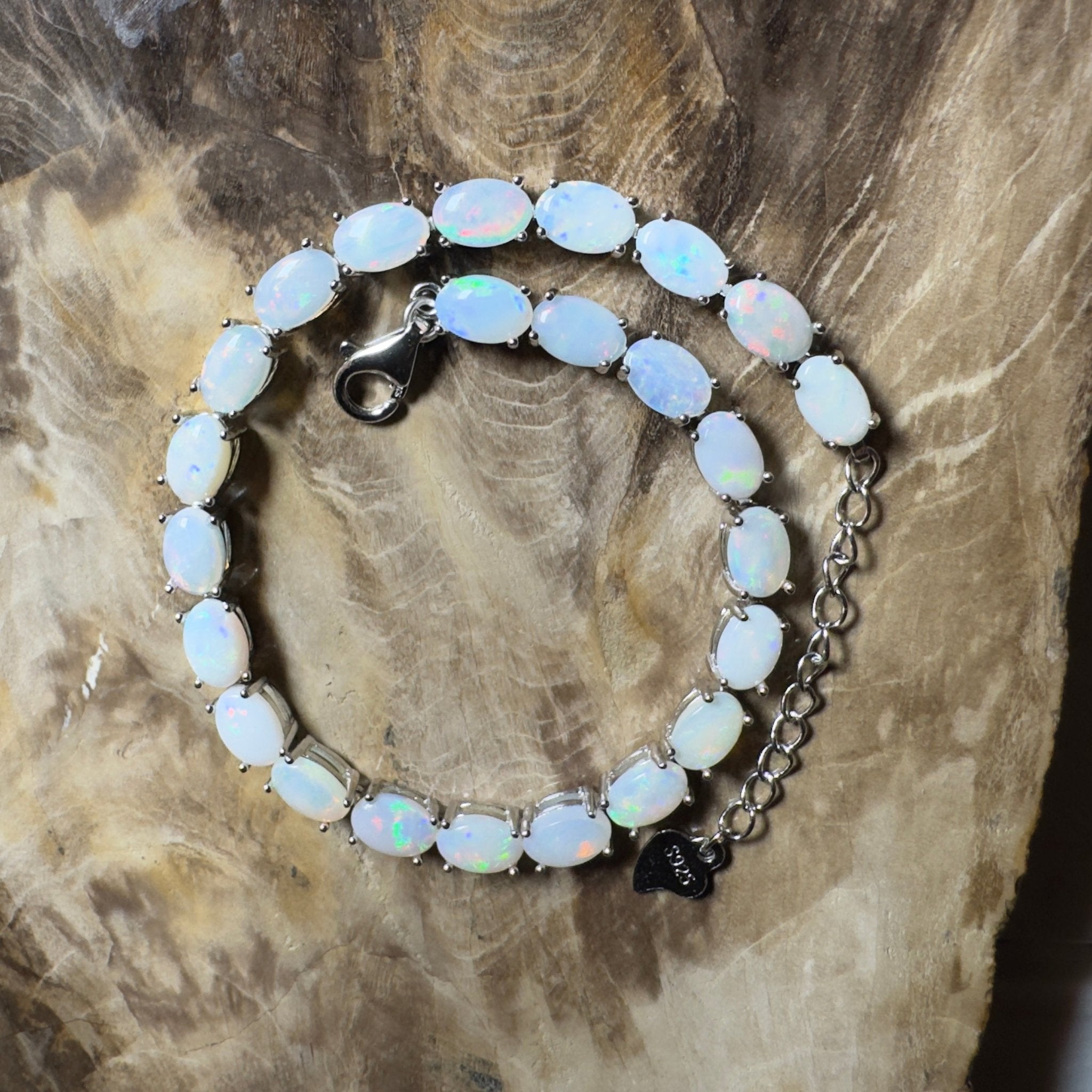 Coral Bay Shimmer ~ 7.2ct Coober Pedy Opal and Cubic Zirconia 925 Sterling Silver Bracelet