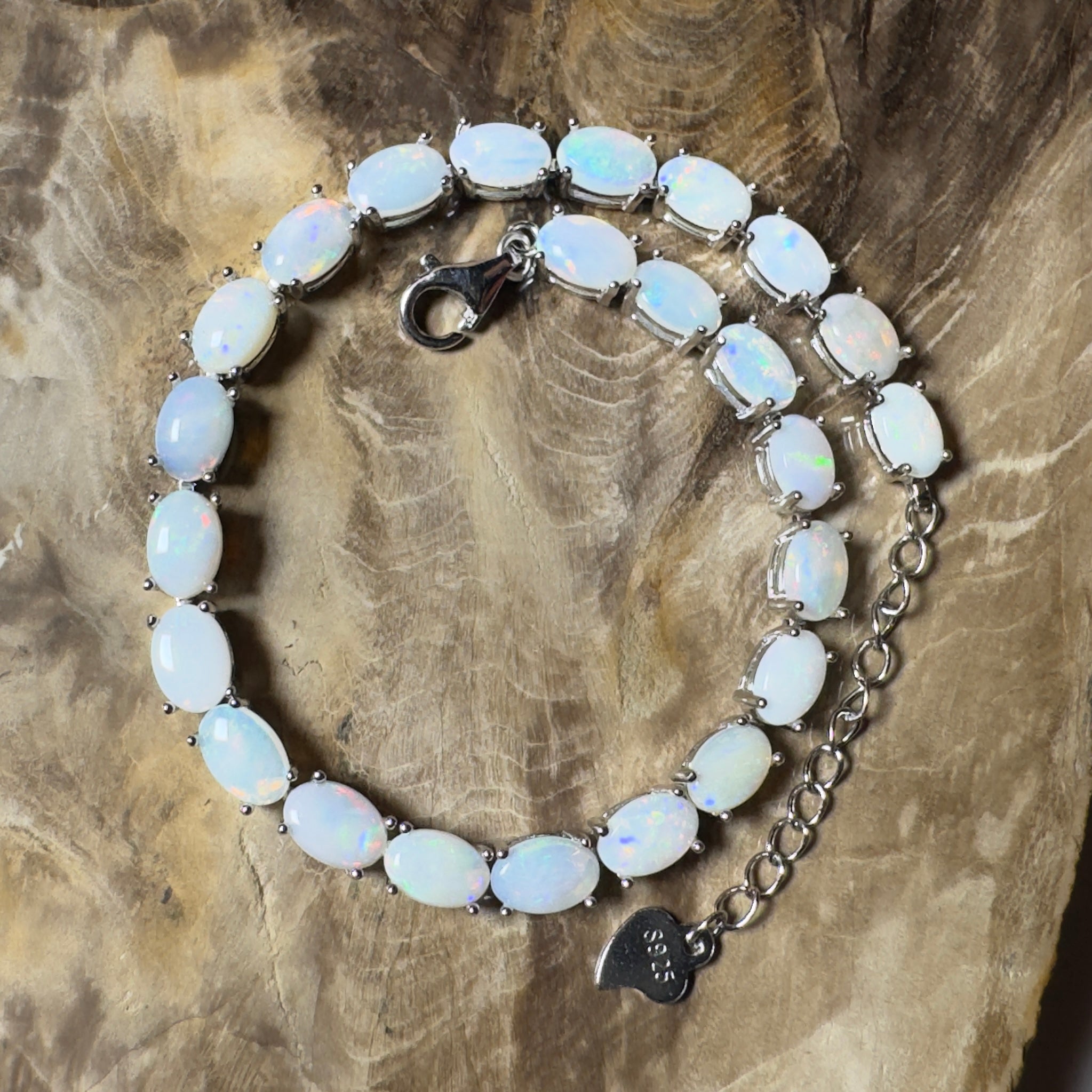 Coral Bay Shimmer ~ 7.2ct Coober Pedy Opal and Cubic Zirconia 925 Sterling Silver Bracelet