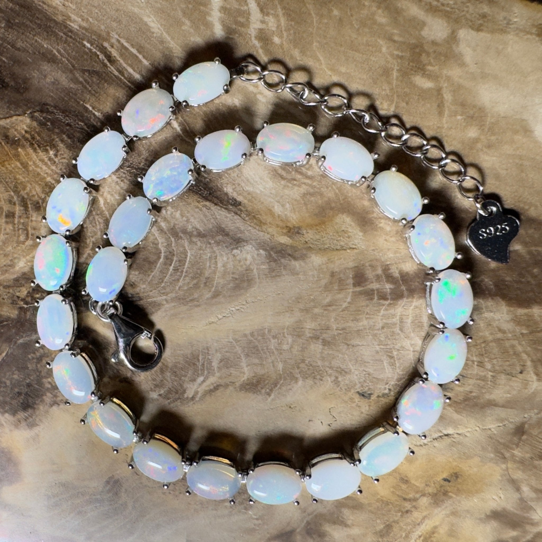 Coral Bay Shimmer ~ 7.2ct Coober Pedy Opal and Cubic Zirconia 925 Sterling Silver Bracelet