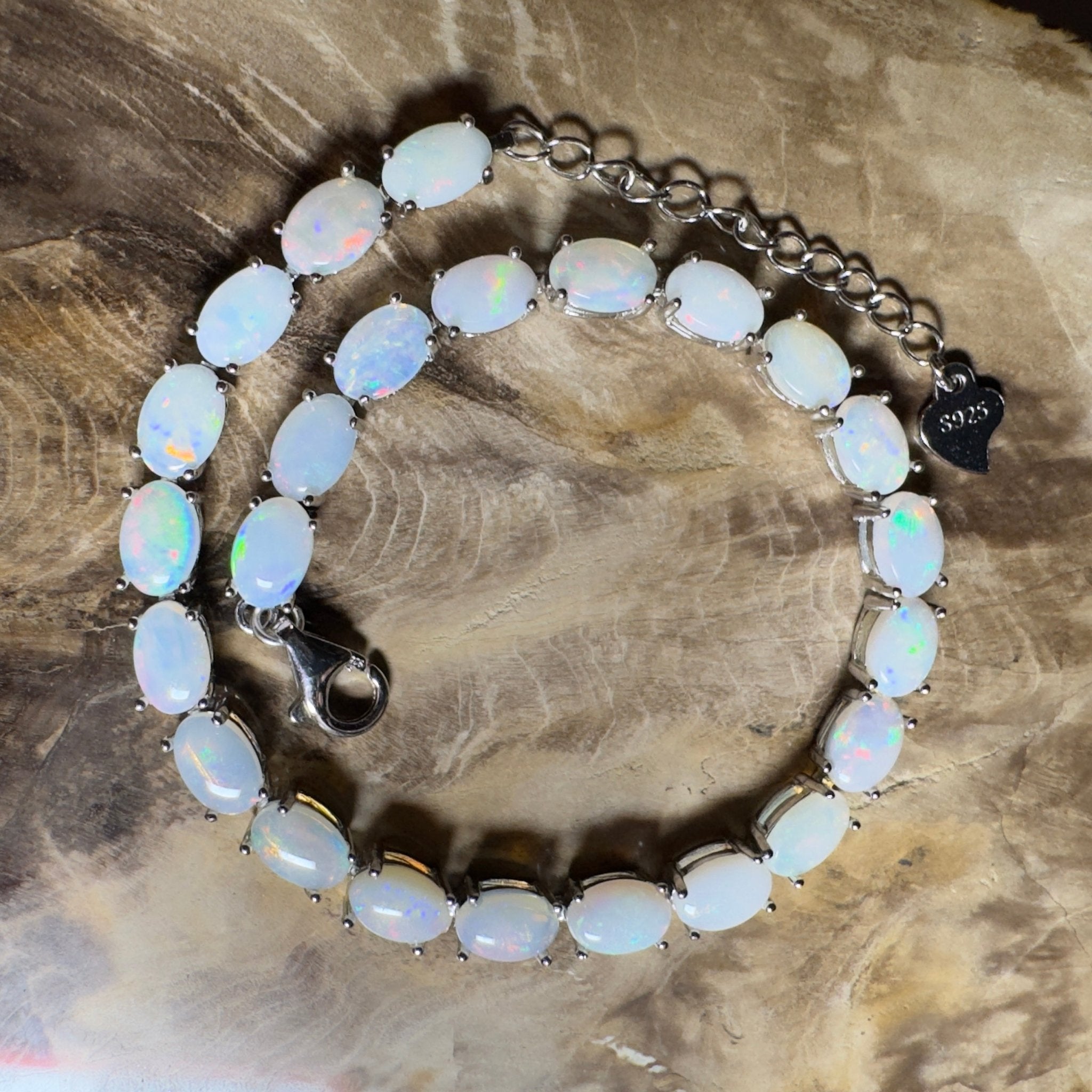 Coral Bay Shimmer ~ 7.2ct Coober Pedy Opal and Cubic Zirconia 925 Sterling Silver Bracelet