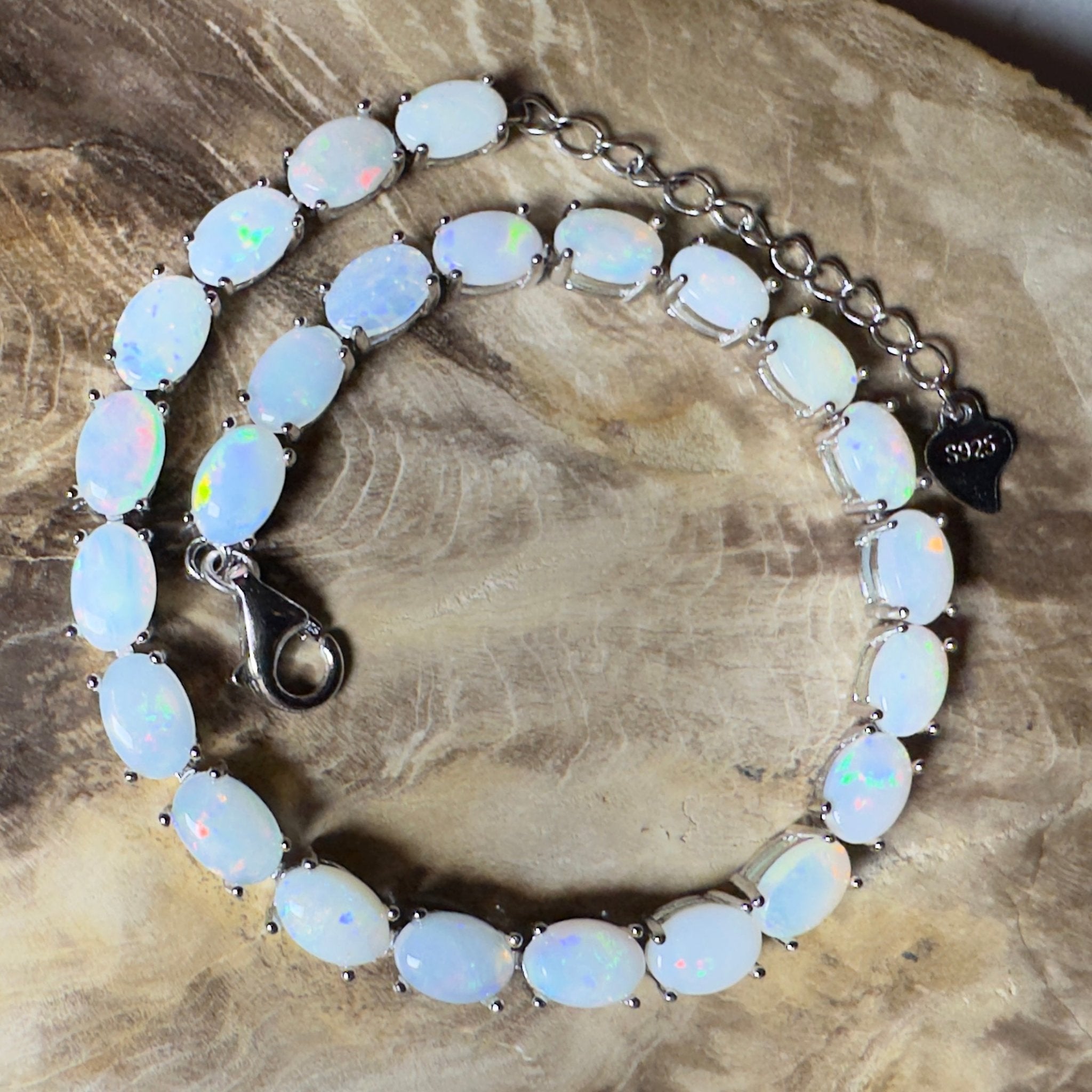 Coral Bay Shimmer ~ 7.2ct Coober Pedy Opal and Cubic Zirconia 925 Sterling Silver Bracelet