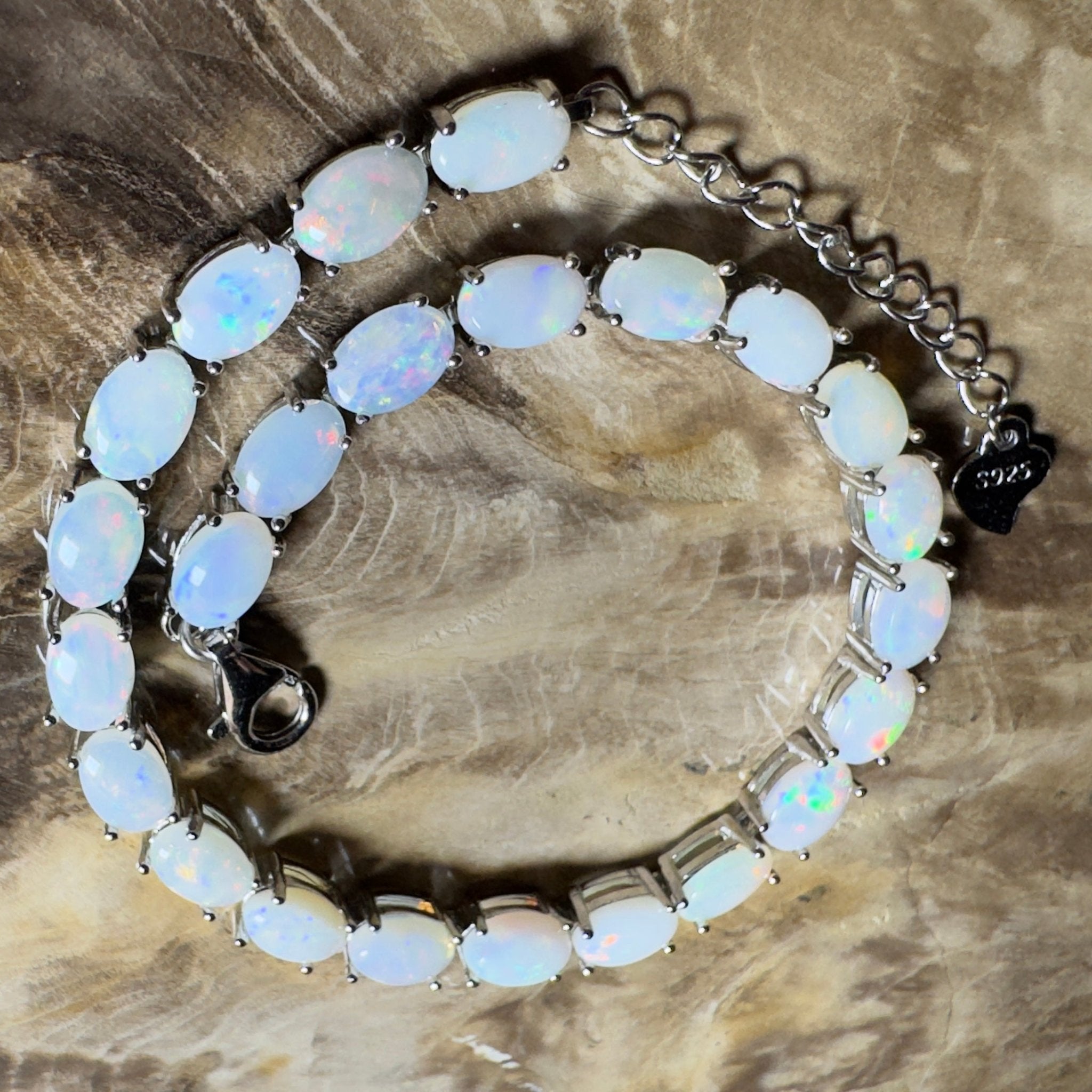 Coral Bay Shimmer ~ 7.2ct Coober Pedy Opal and Cubic Zirconia 925 Sterling Silver Bracelet