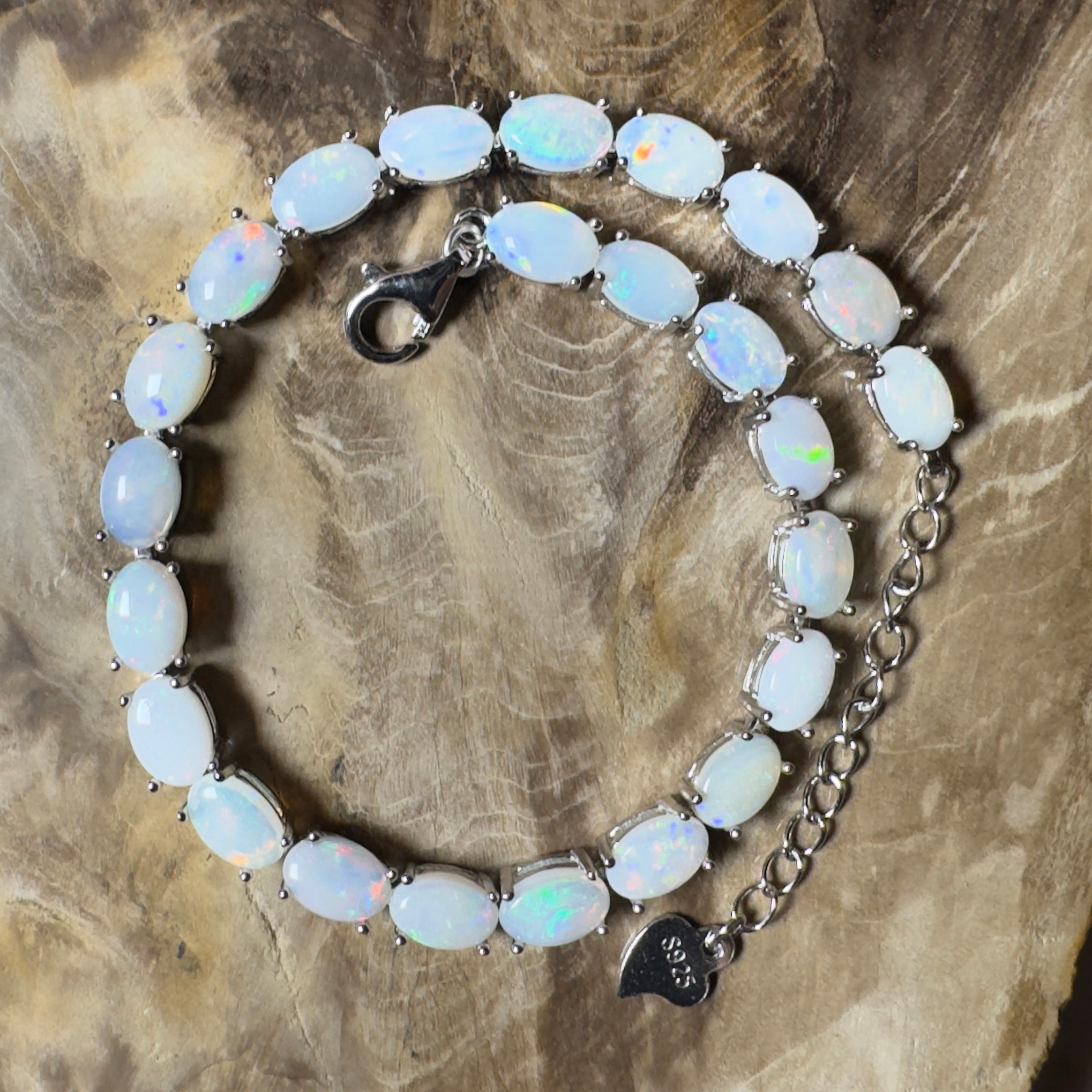 Coral Bay Shimmer ~ 7.2ct Coober Pedy Opal and Cubic Zirconia 925 Sterling Silver Bracelet