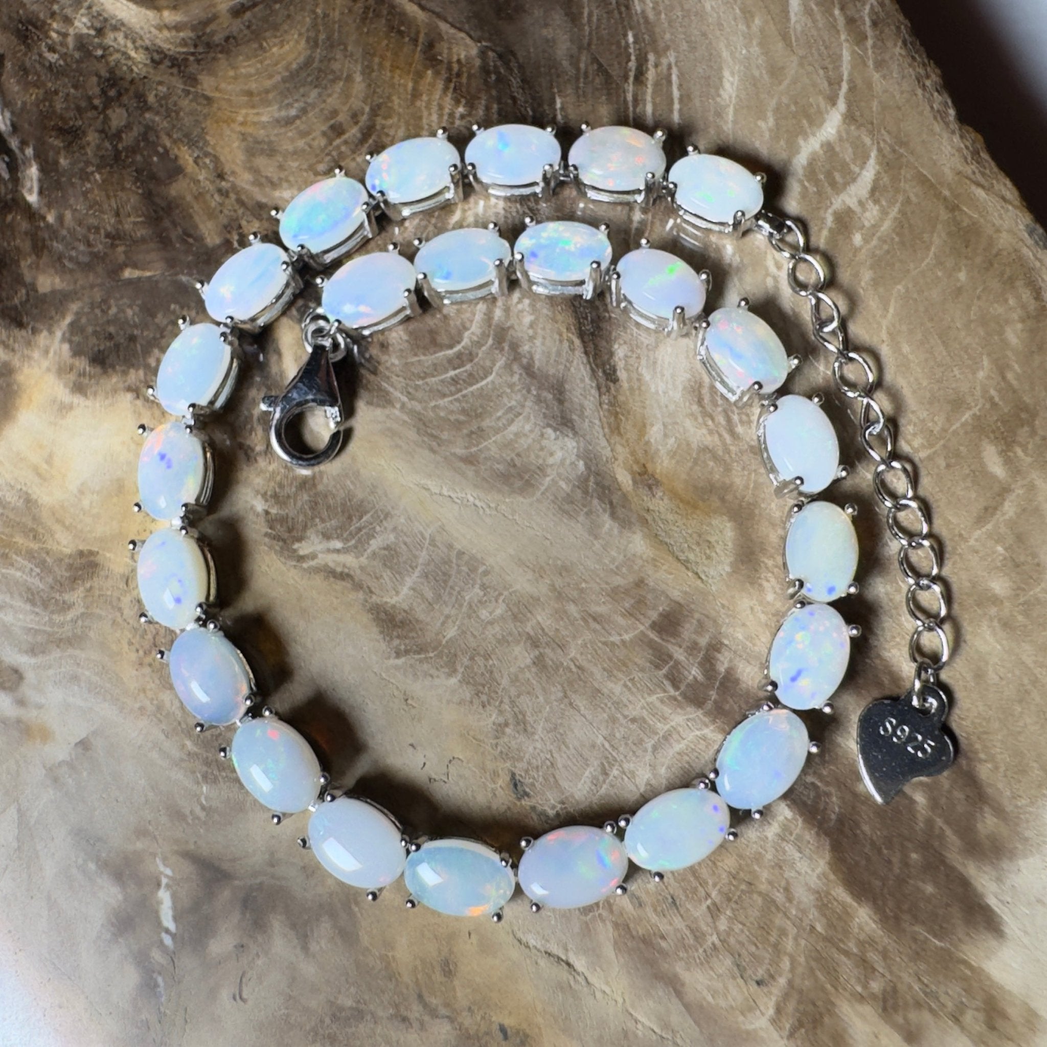 Coral Bay Shimmer ~ 7.2ct Coober Pedy Opal and Cubic Zirconia 925 Sterling Silver Bracelet