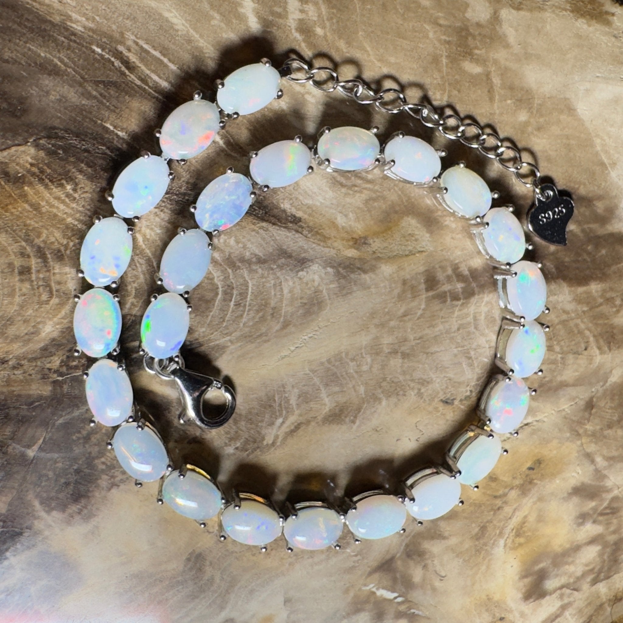 Coral Bay Shimmer ~ 7.2ct Coober Pedy Opal and Cubic Zirconia 925 Sterling Silver Bracelet