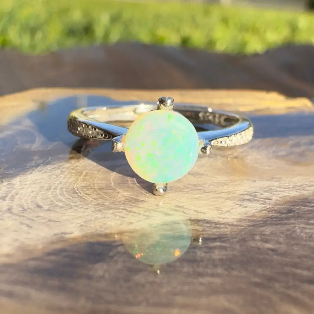 ’Coral Reef Radiance’ ~ Handcrafted 0.9ct Solid Lightning Ridge Opal and Cubic Zirconia 925 Sterling Silver Ring