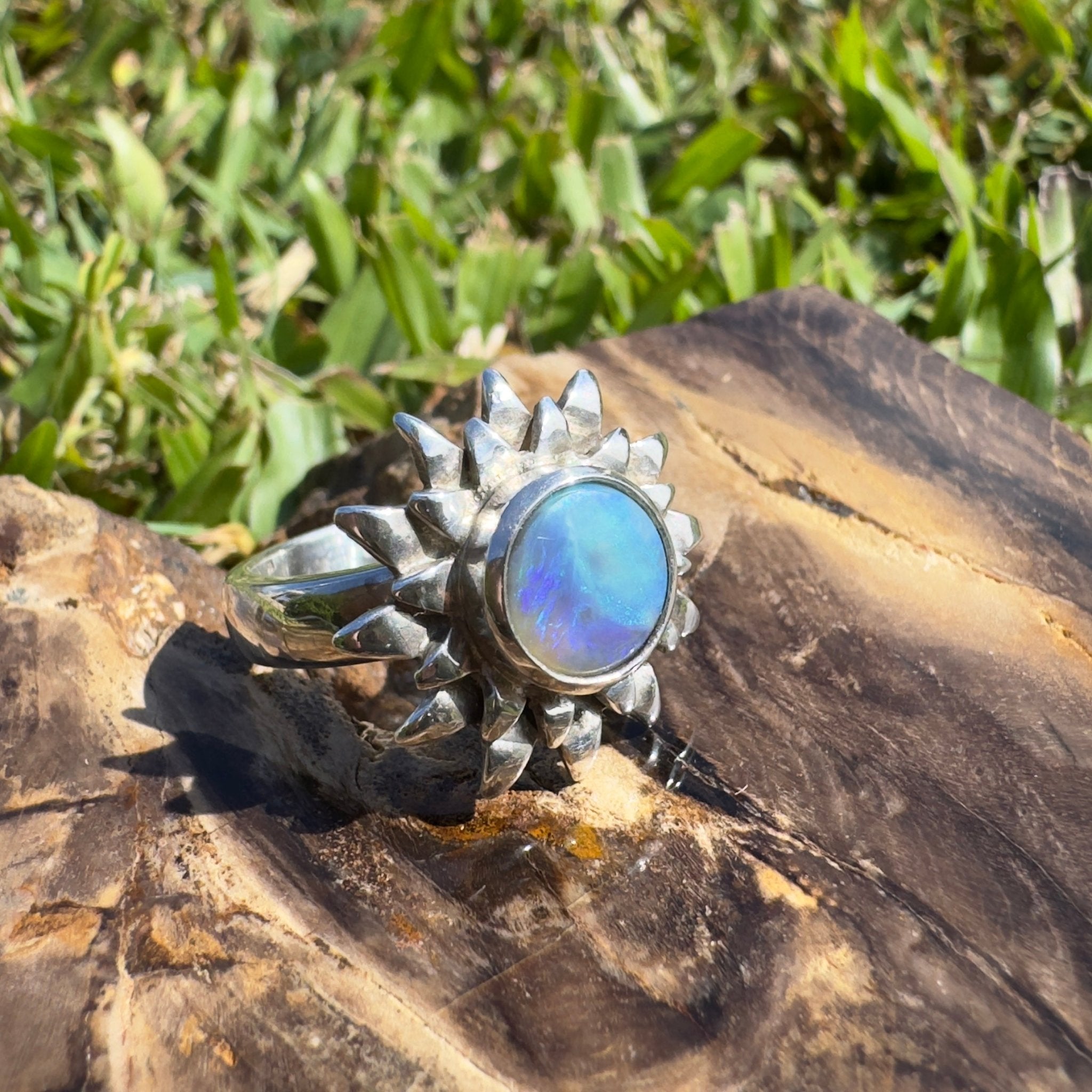 Coral Sunburst – 1.3ct Solid Lightning Ridge Semi Black Opal 925 Sterling Silver Ring