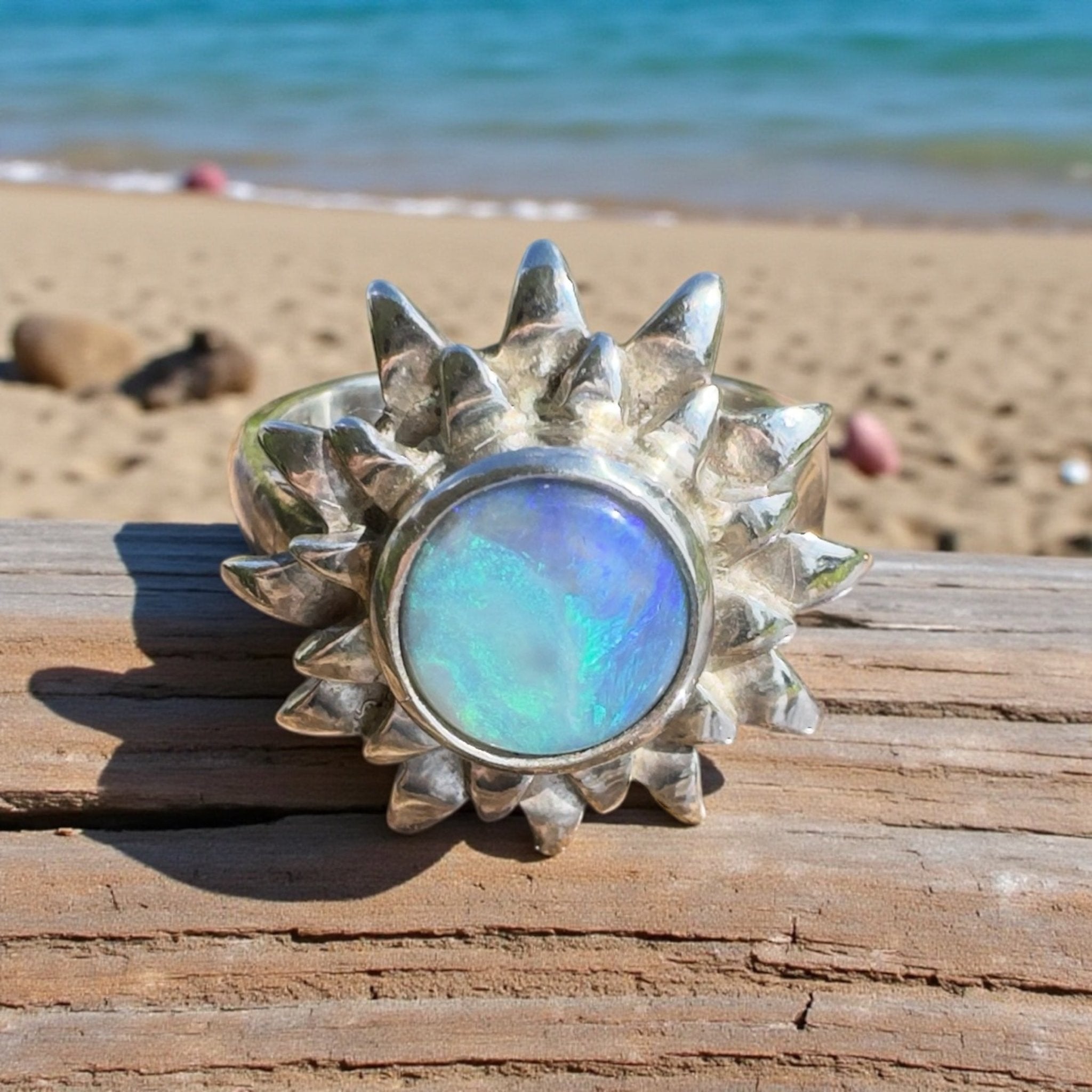 Coral Sunburst – 1.3ct Solid Lightning Ridge Semi Black Opal 925 Sterling Silver Ring