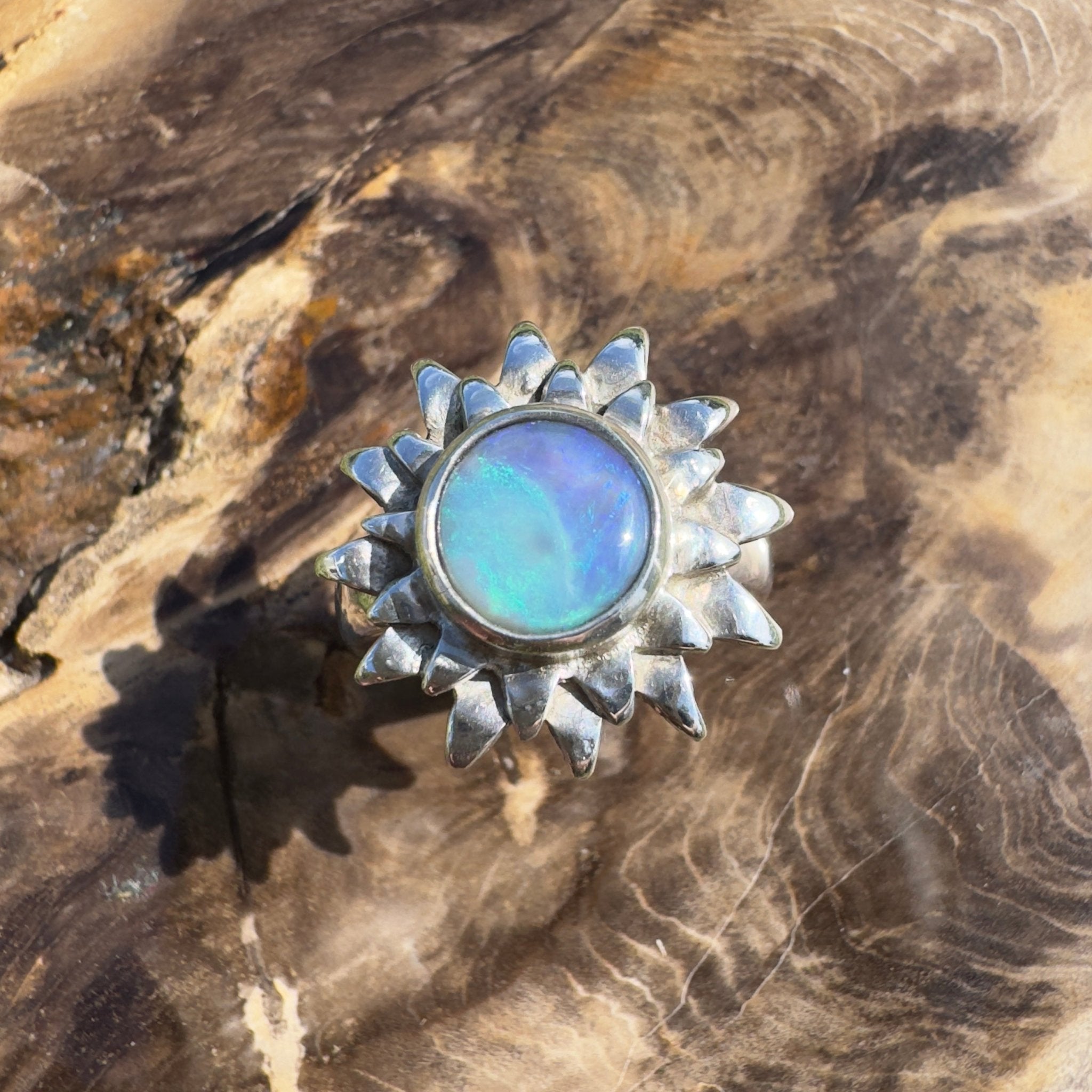 Coral Sunburst – 1.3ct Solid Lightning Ridge Semi Black Opal 925 Sterling Silver Ring