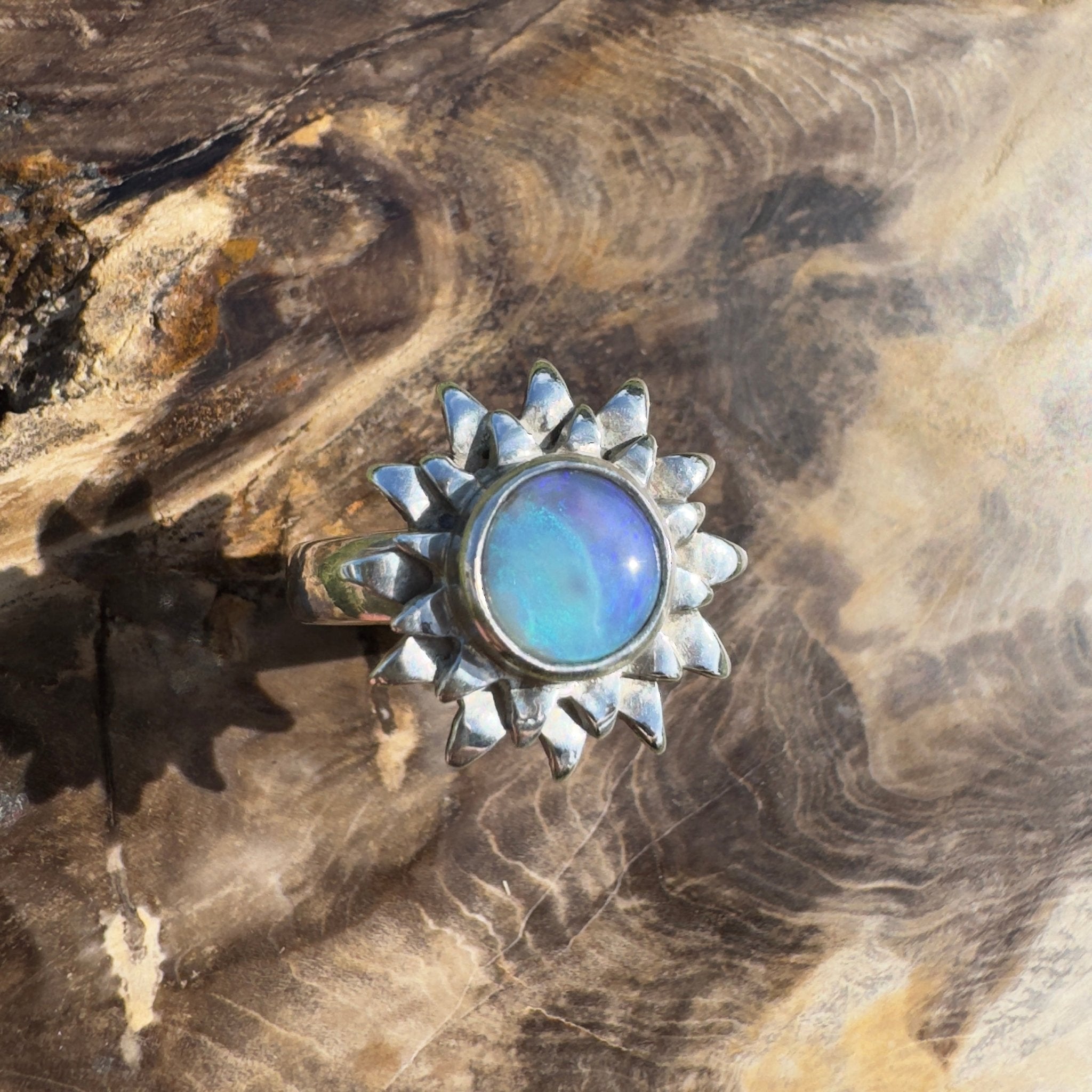Coral Sunburst – 1.3ct Solid Lightning Ridge Semi Black Opal 925 Sterling Silver Ring