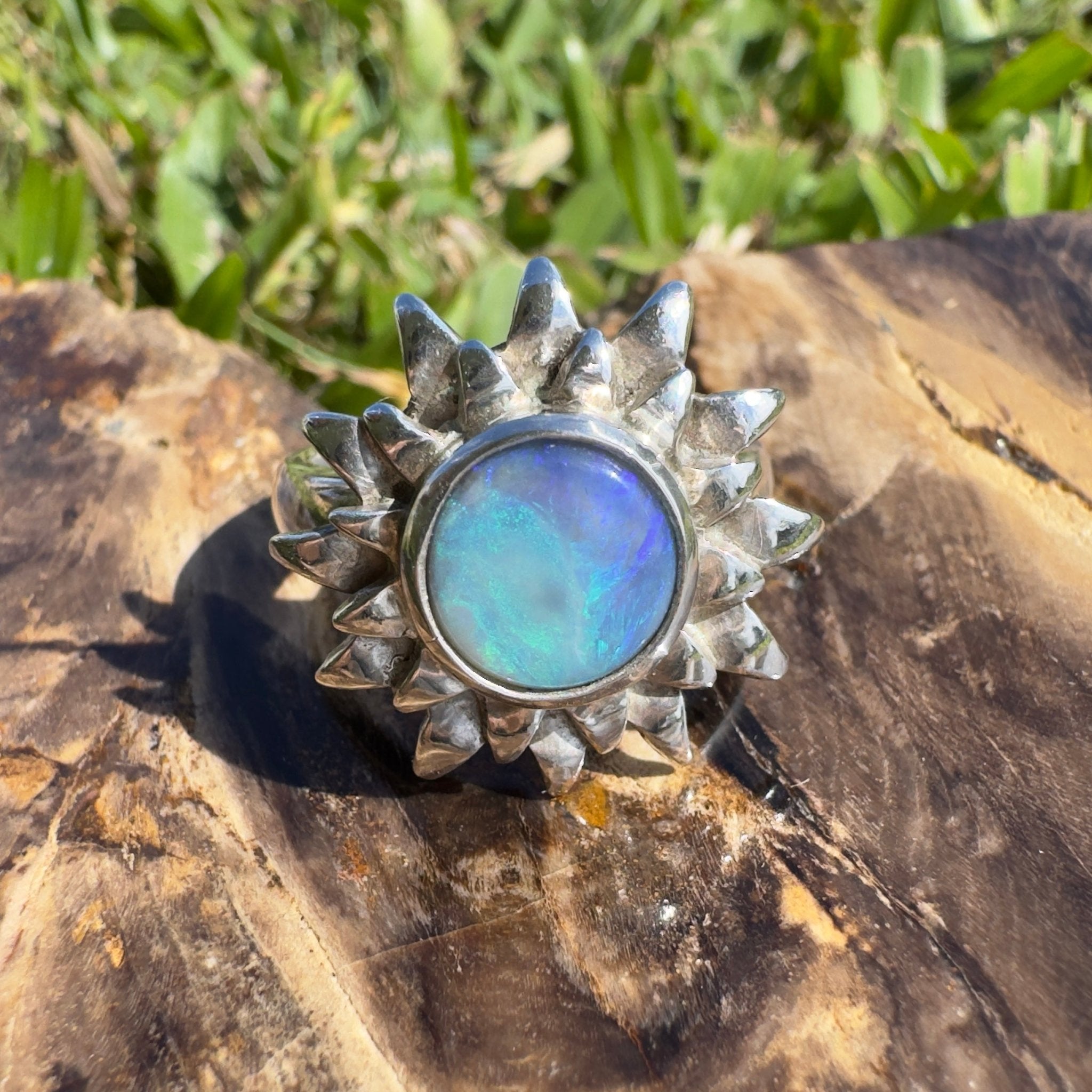 Coral Sunburst – 1.3ct Solid Lightning Ridge Semi Black Opal 925 Sterling Silver Ring