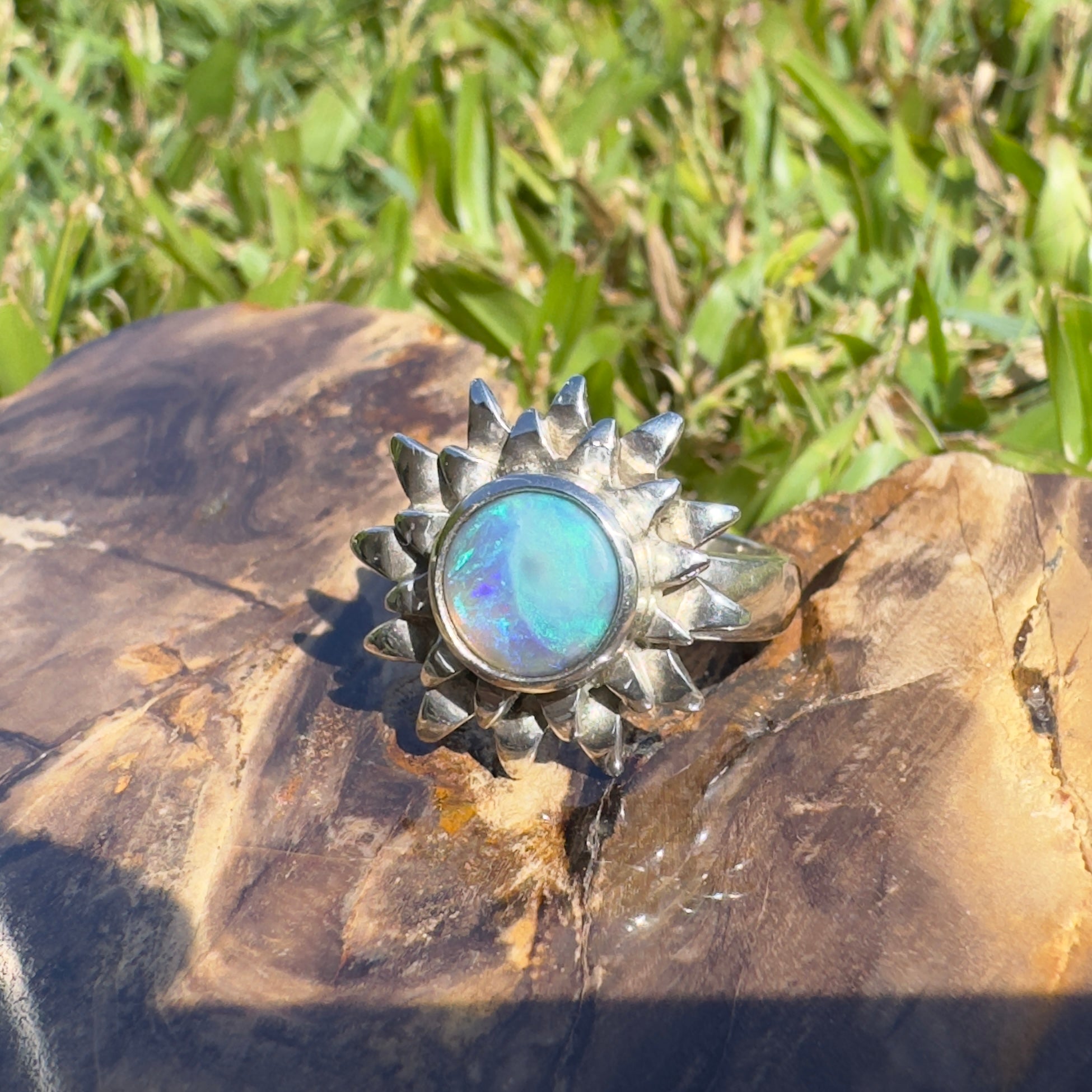 Coral Sunburst – 1.3ct Solid Lightning Ridge Semi Black Opal 925 Sterling Silver Ring